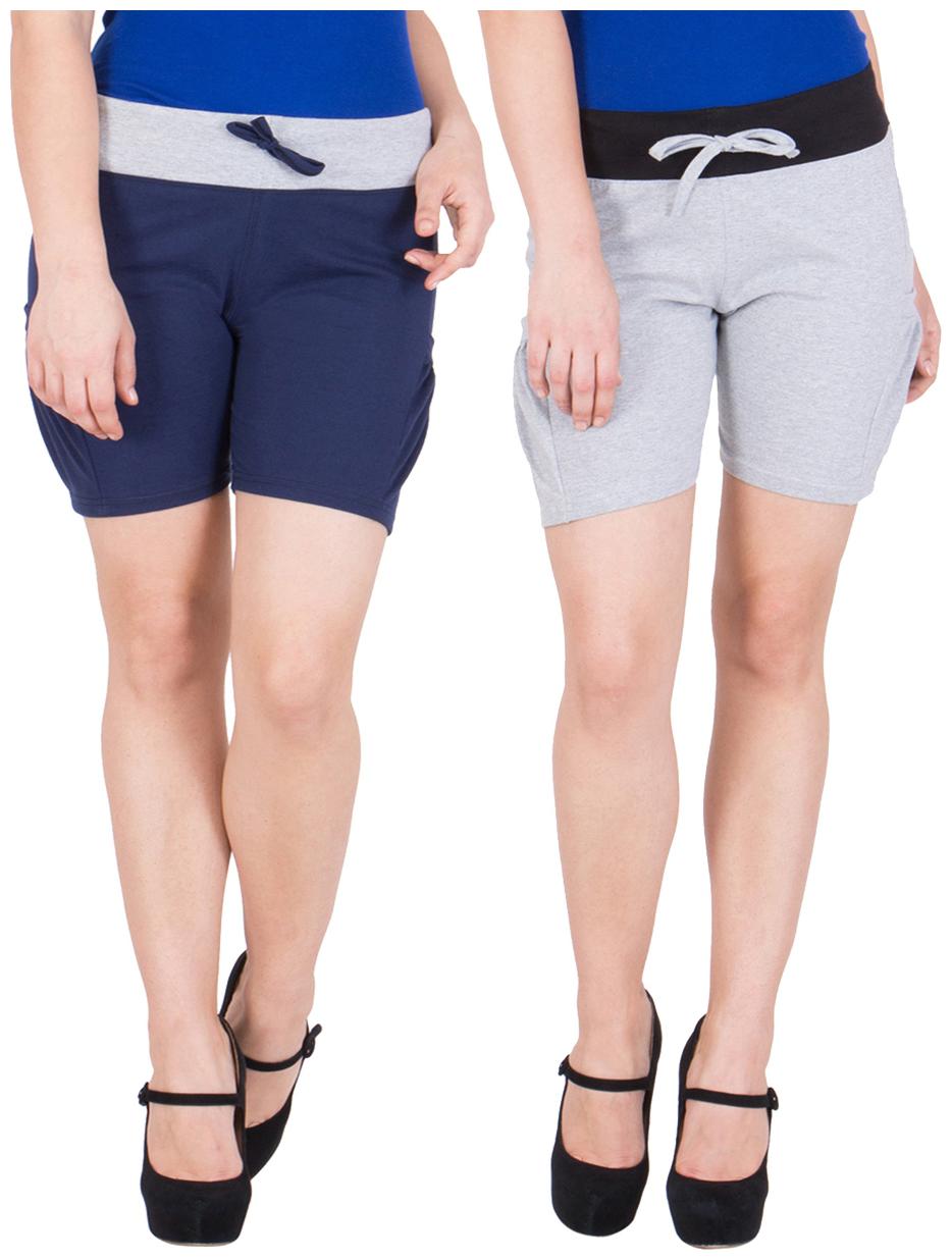 

American-Elm Women s Grey Blue Hot Shorts- Pack of 2