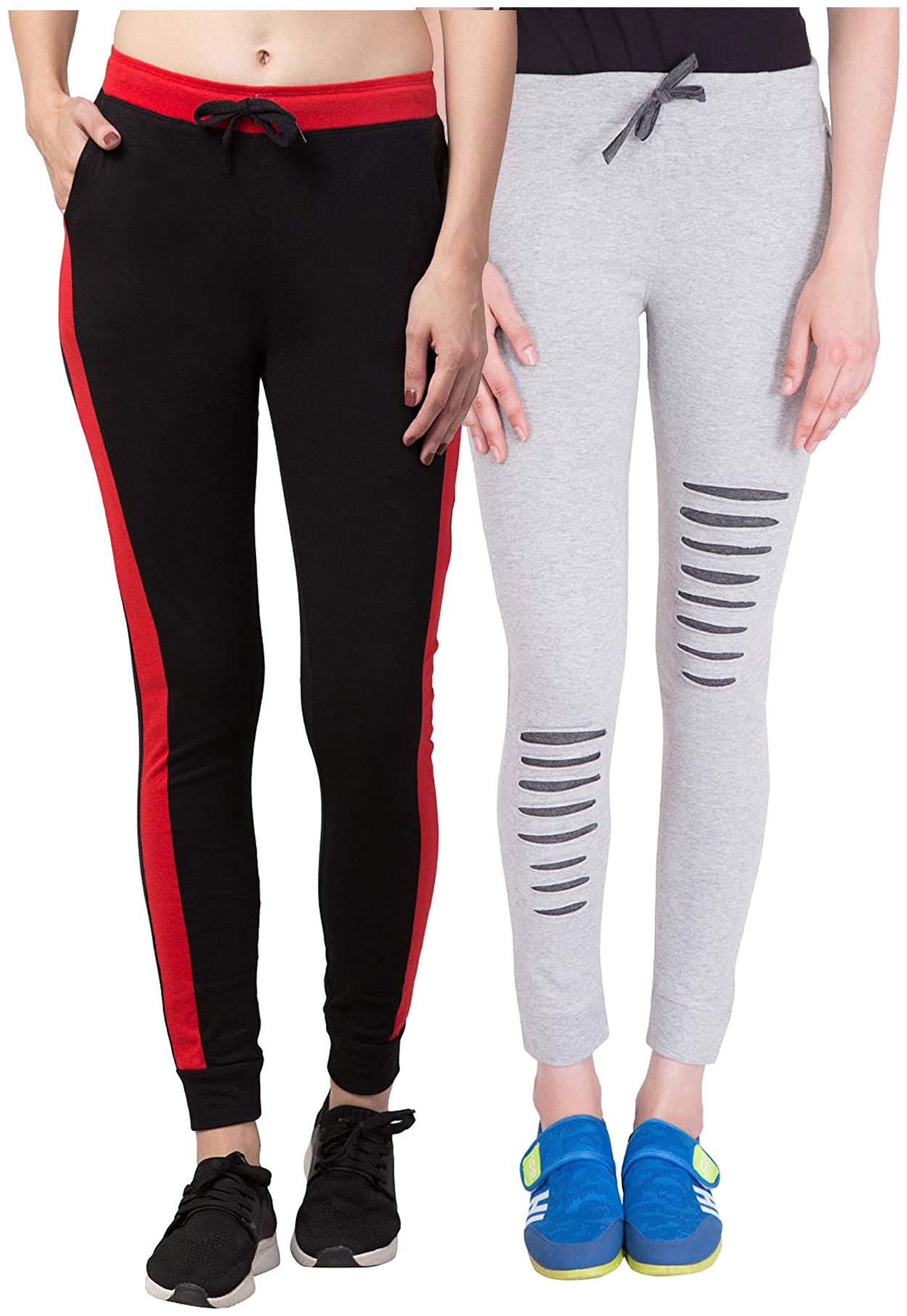 

American-Elm Women Cotton Slim Fit Full Length Joggers (Grey Black) -Pack Of 2