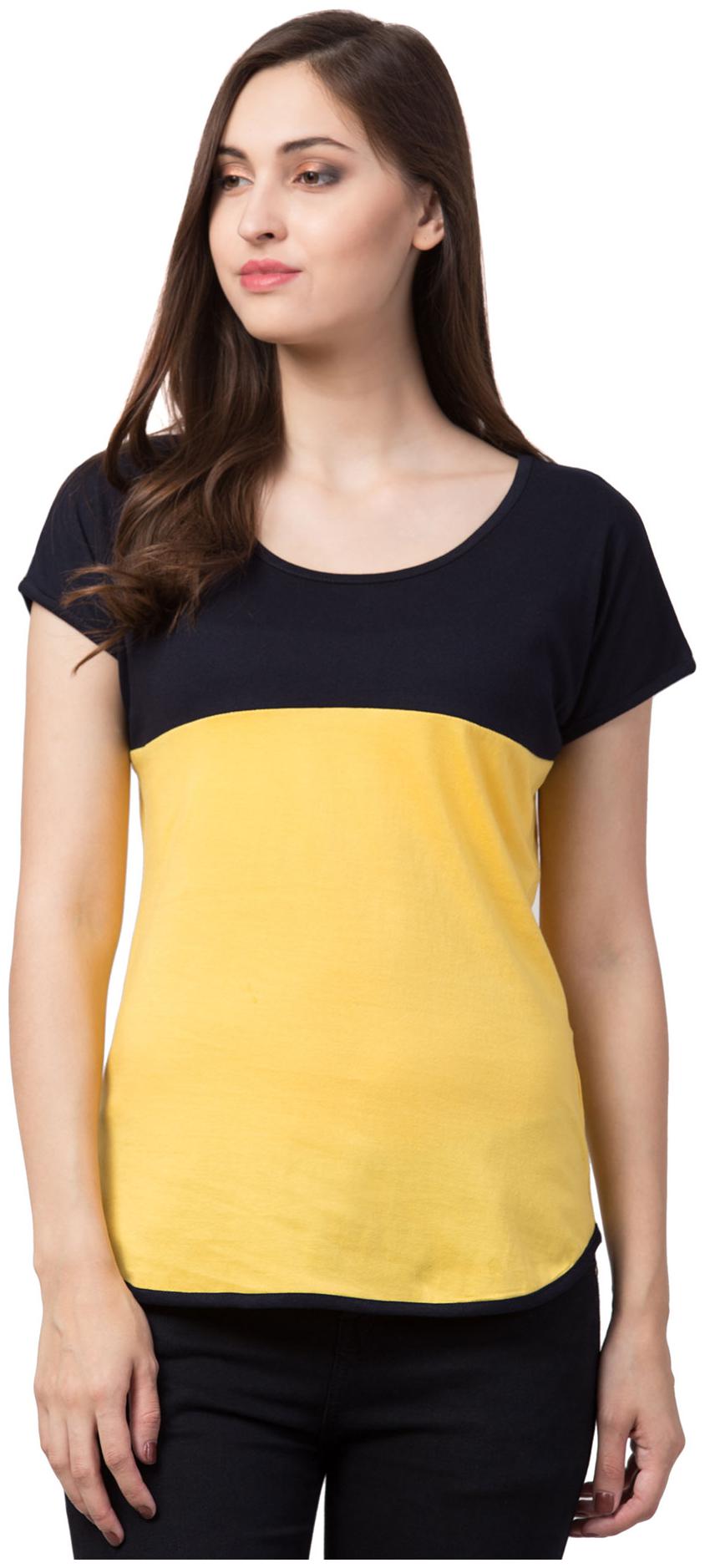 

American-Elm Women Black Yellow Slim fit Round neck Cotton T shirt