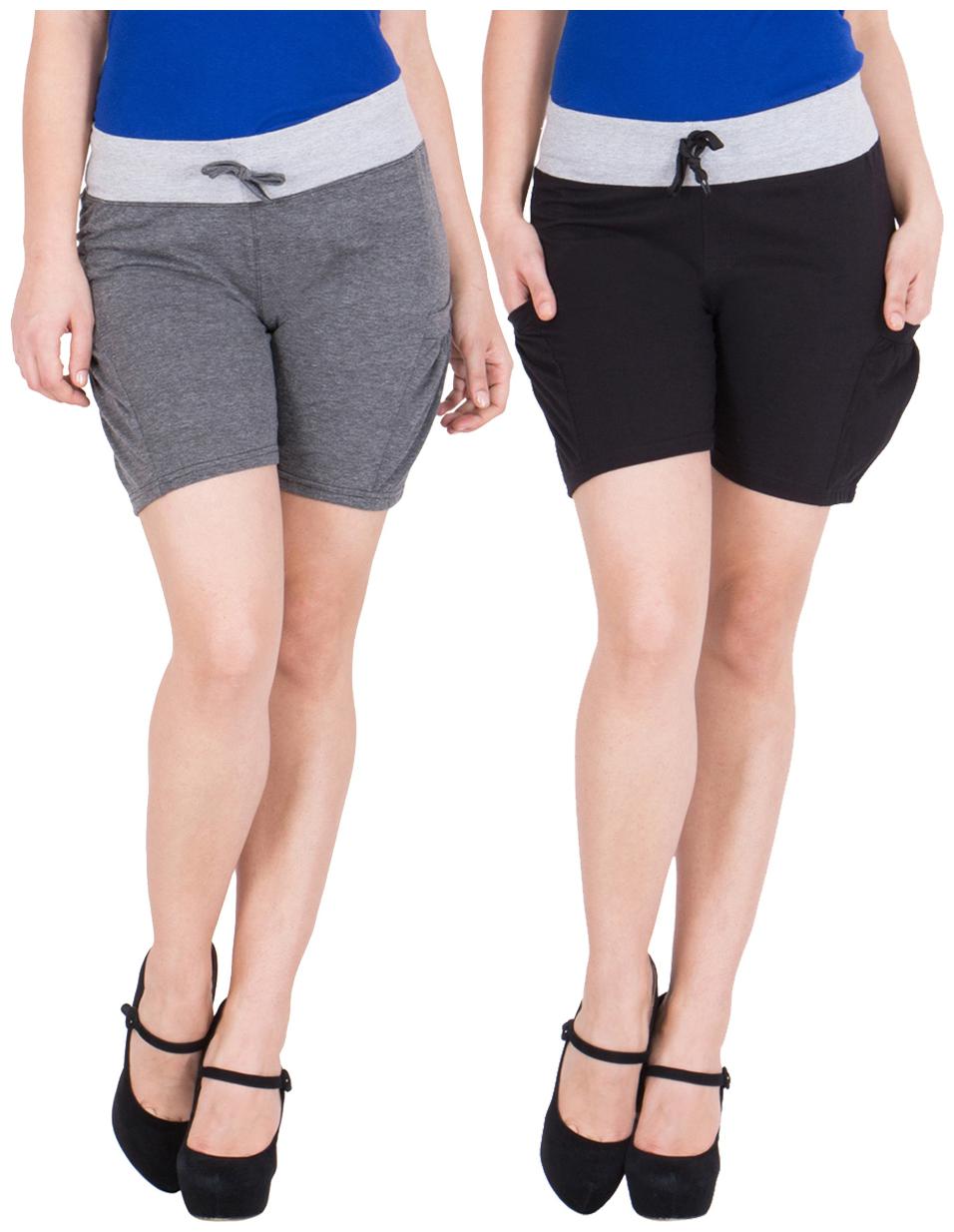 

American-Elm Women s Pack of 2 Hot Shorts- Dark Grey Black