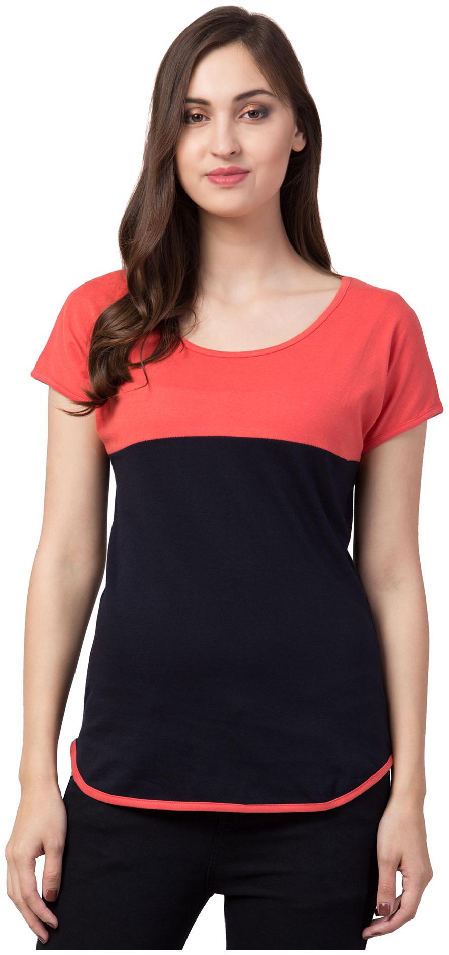 

American-Elm Women Peach Blue Slim fit Round neck Cotton T shirt
