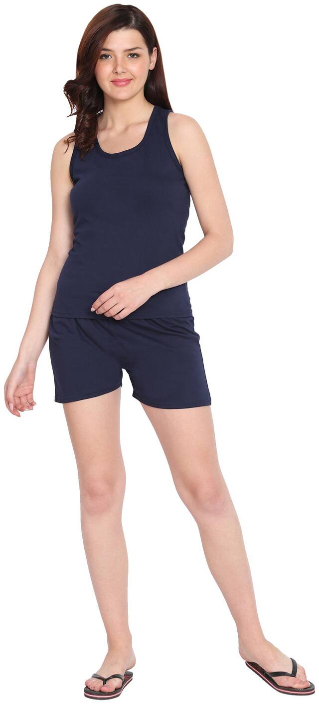 American-Elm Women Cotton Solid Top and Shorts Set - Blue