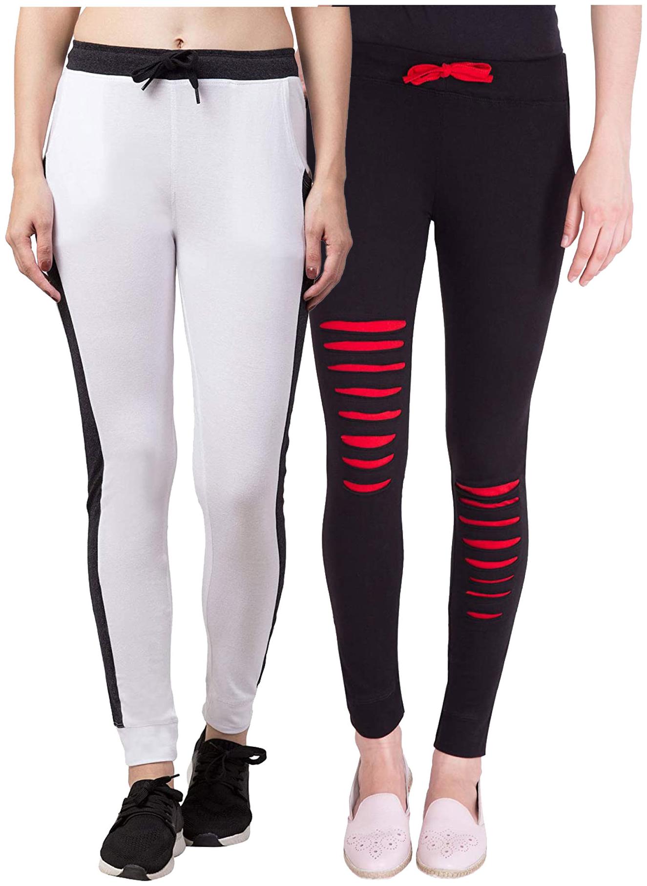 

American-Elm Women Cotton Slim Fit Full Length Joggers (Black White) -Pack Of 2