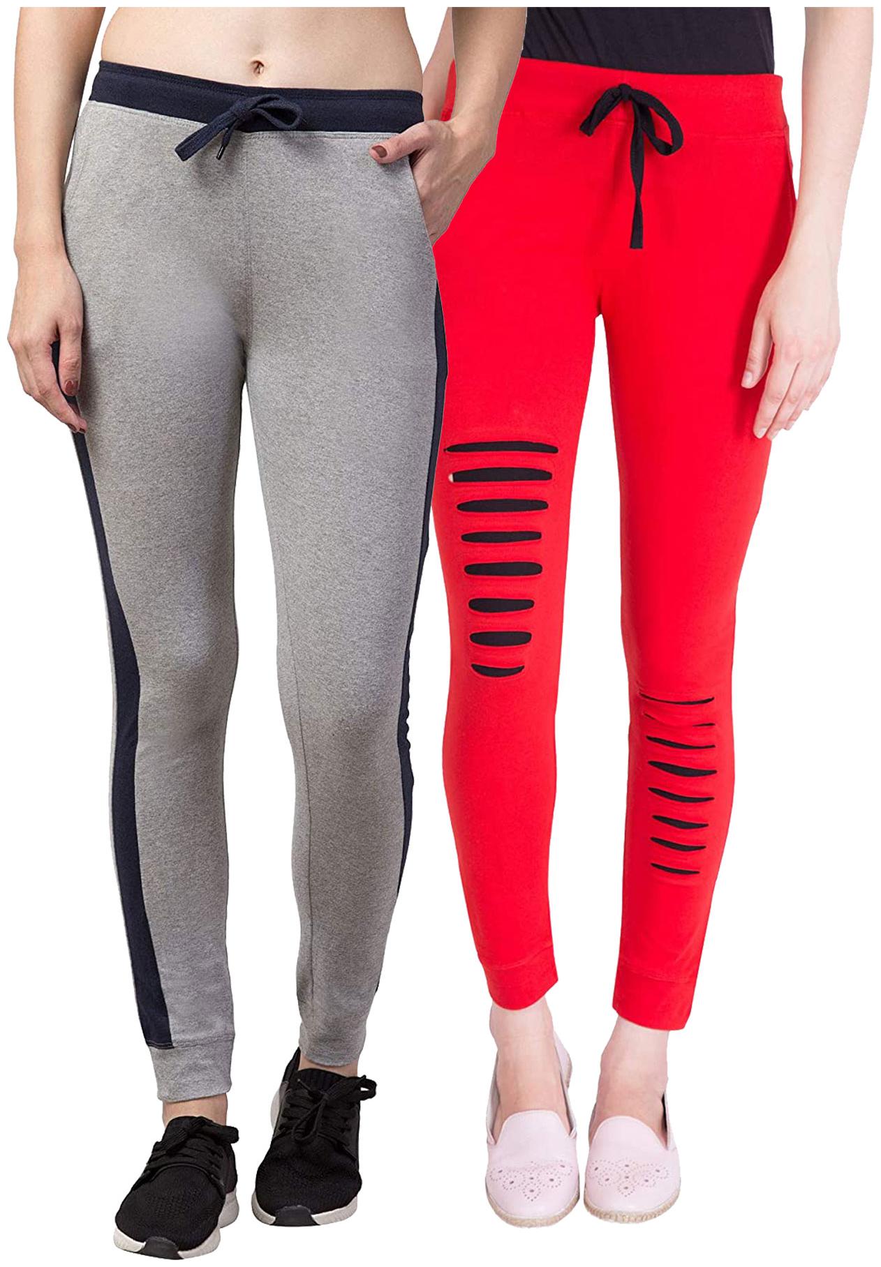 

American-Elm Women Cotton Slim Fit Full Length Joggers (Red Grey) -Pack Of 2