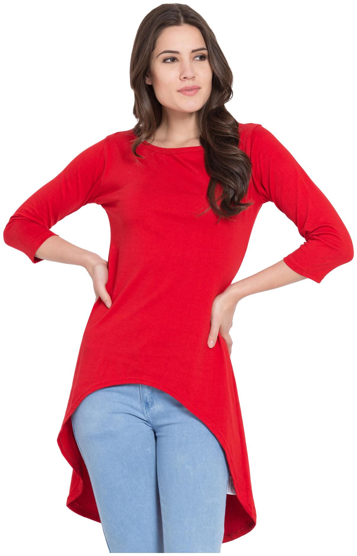 

American-Elm Women Red Regular fit Round neck Cotton T shirt