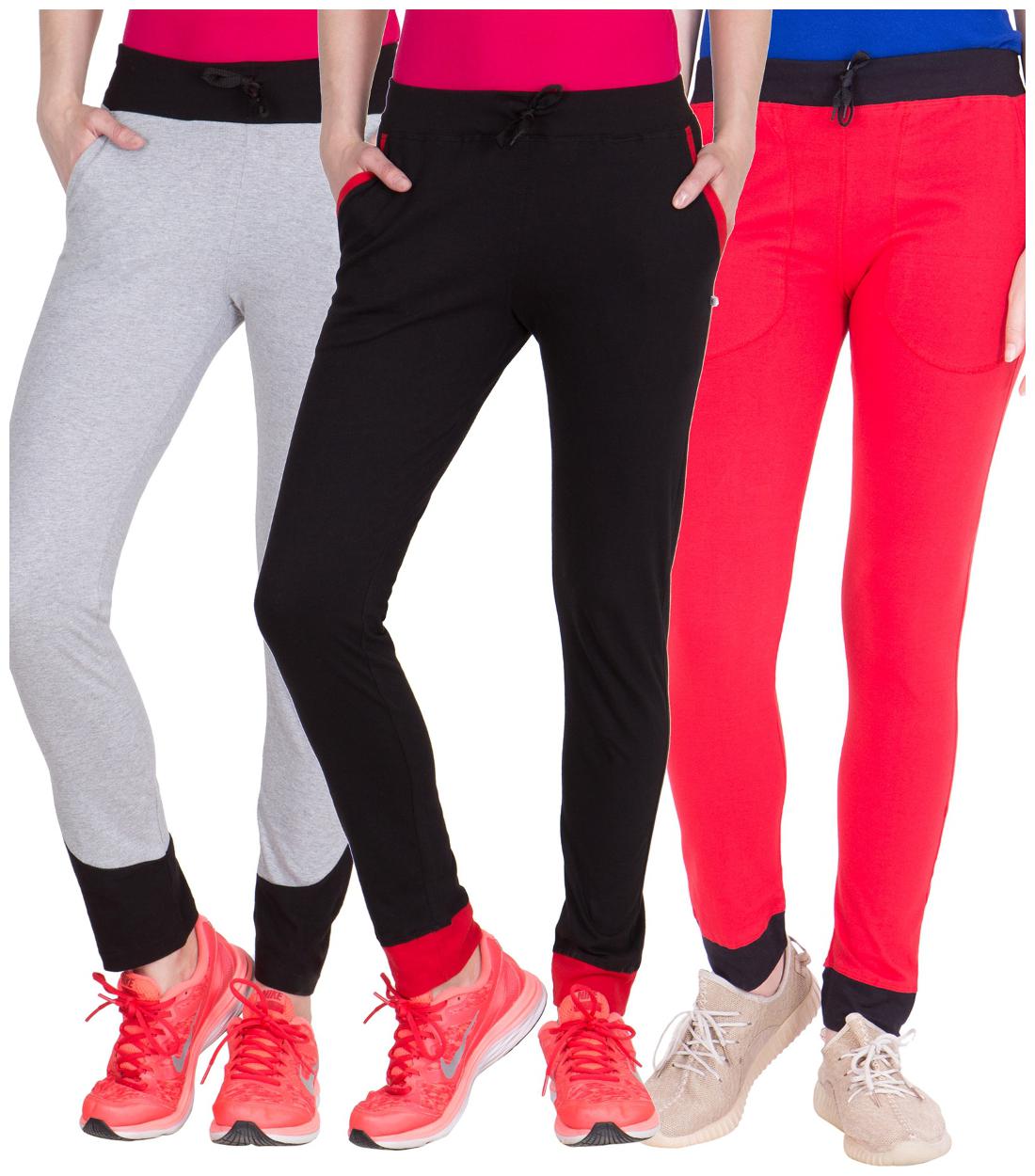 

American-Elm Pack of 3 Women s Cotton Track Pants-Grey Black Red
