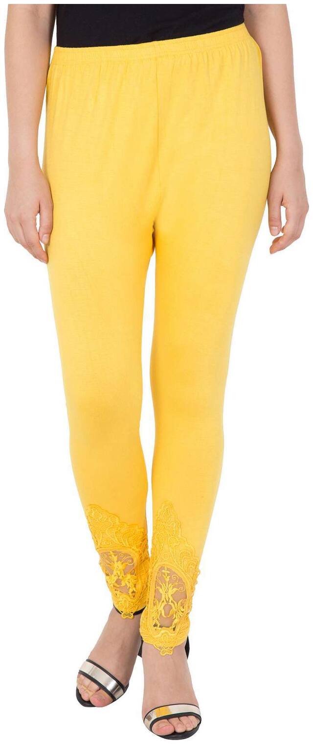 American-Elm Women's Yellow lace work Ankle Length Cotton Legging