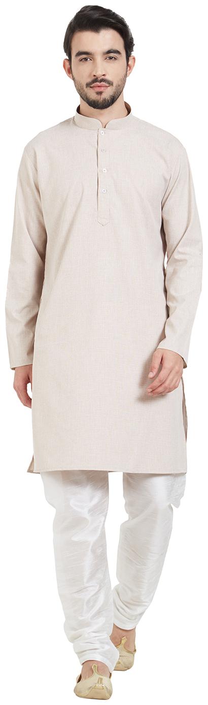 

Amora Beige Blended Cotton Solid Kurta Churidar For Men