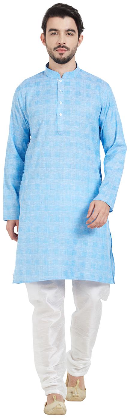 

Amora Blue Blended Cotton Self Design Kurta Churidar For Men