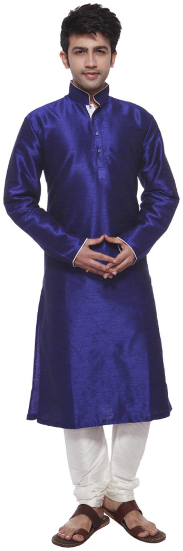 

Amora Designer Mens Wear Blue Silk Blend Kurta Pyjama Set