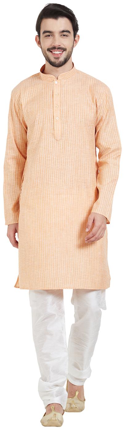 

Amora Orange Blended Cotton Self Design Kurta Churidar For Men