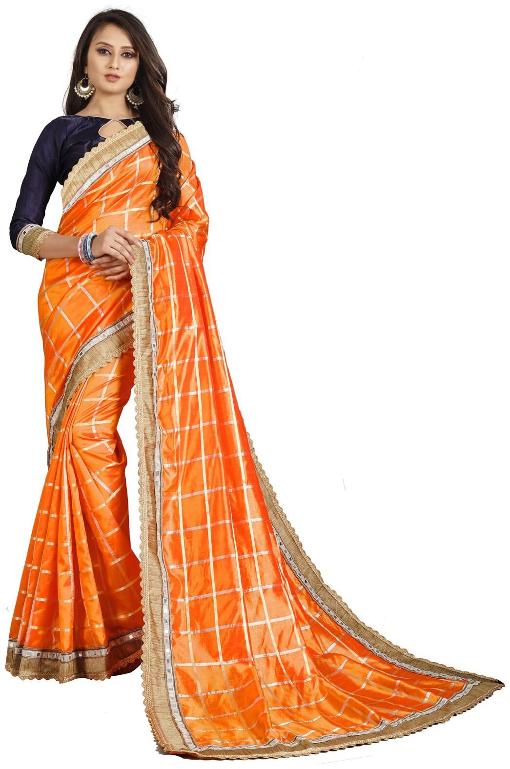 

Amrutam Fab Designer Mirror lace Embroidered Orange Silk Saree