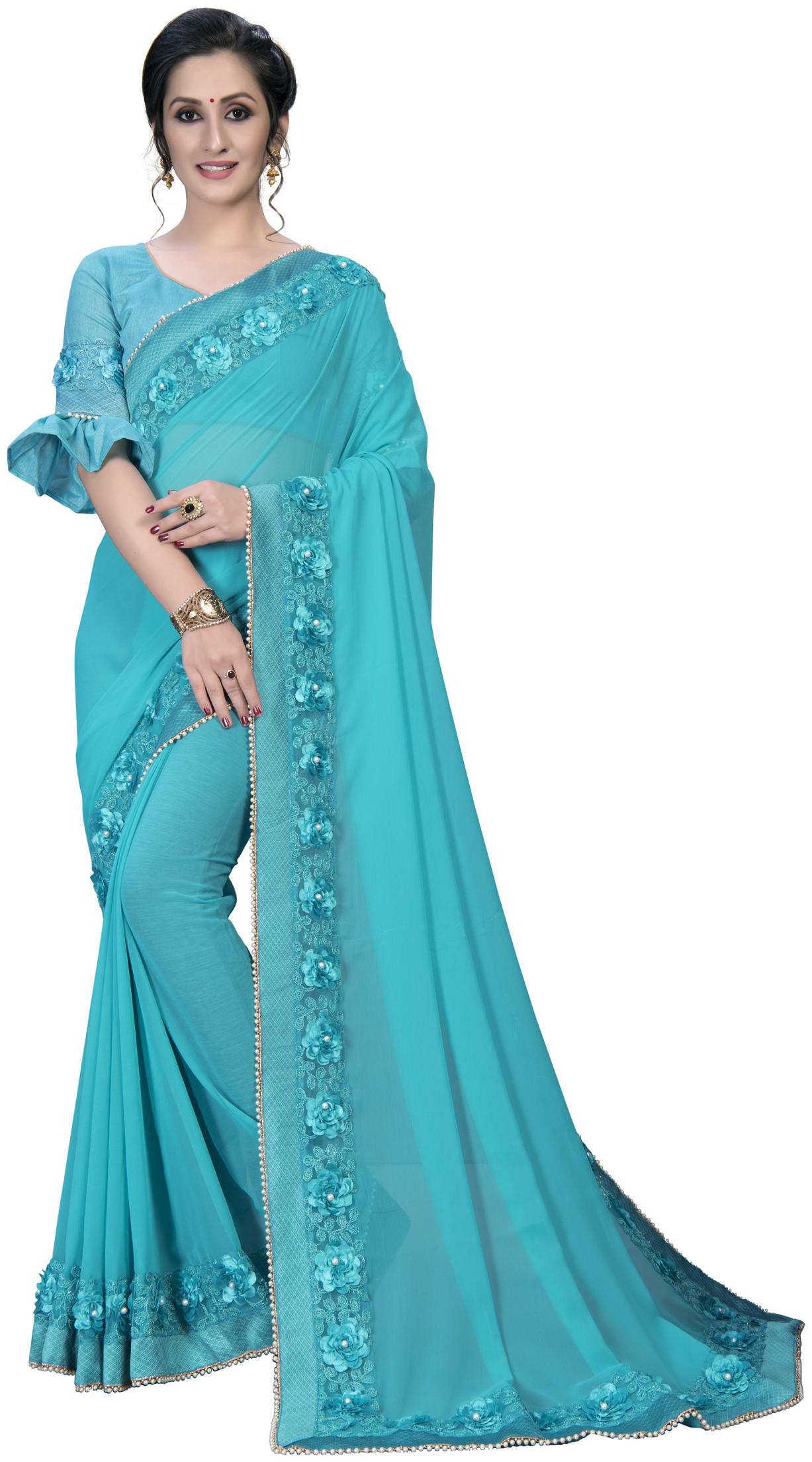 

Amrutam Fab Women Georgette Universal Blue Saree With Blouse