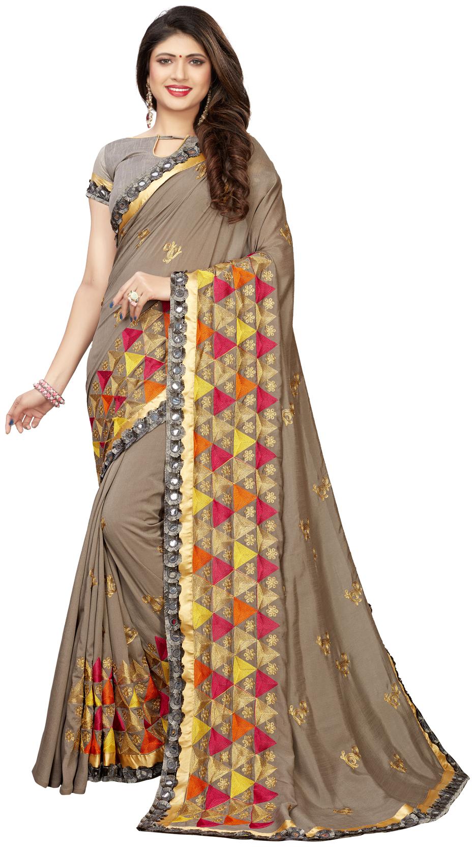 

Amrutam Fab Designer Embroidered With mirror lace Beige Silk Saree