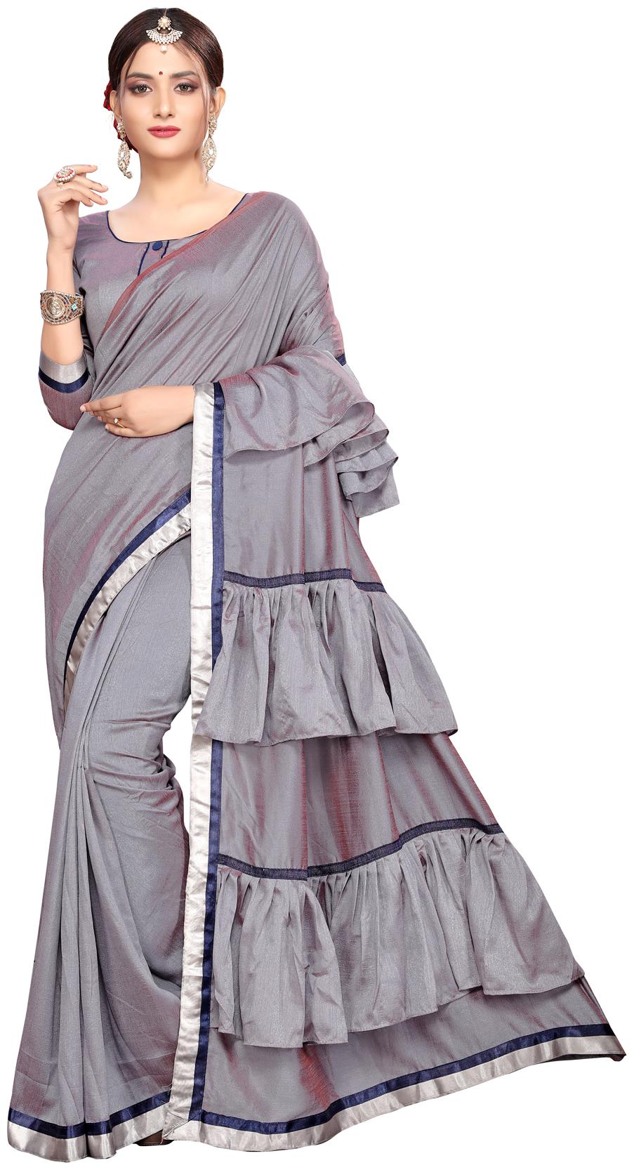 

Amrutam Fab Designer Ruffle With Mirror lace Grey Silk Saree