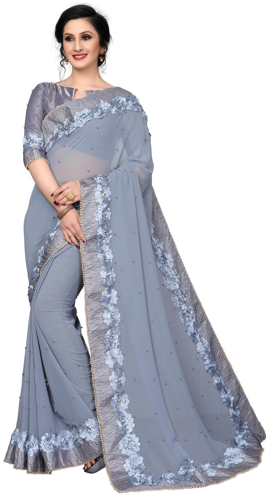 

Amrutam Fab Grey Embroidered Universal Designer Saree With Blouse With blouse