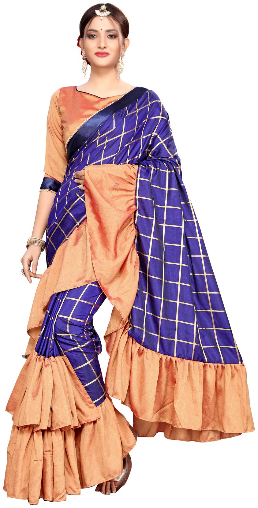 

Amrutam Fab Designer Ruffle With Checker Blue Silk Saree