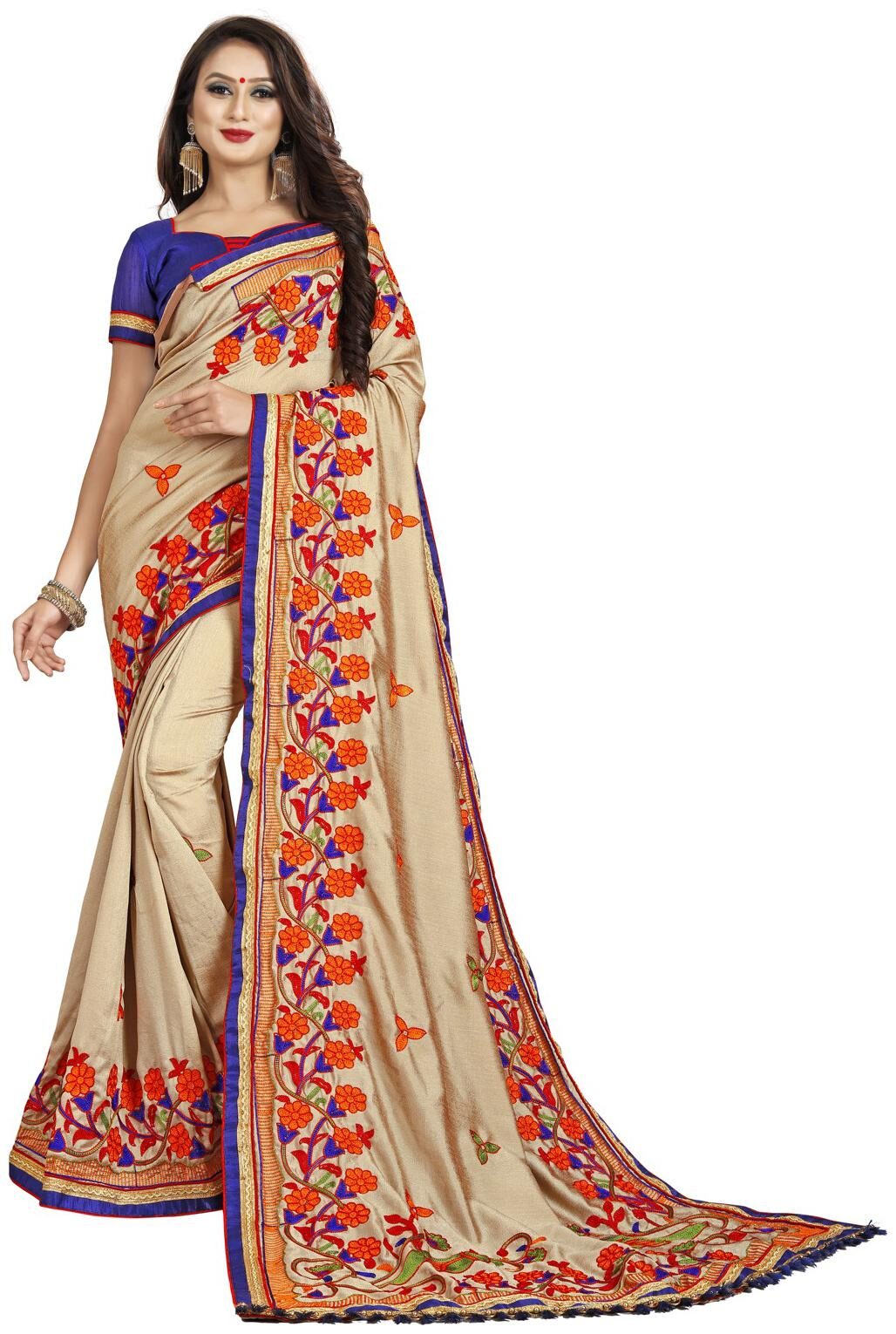 

Amrutam Fab Beige Embroidered Phulkari Designer Saree With blouse