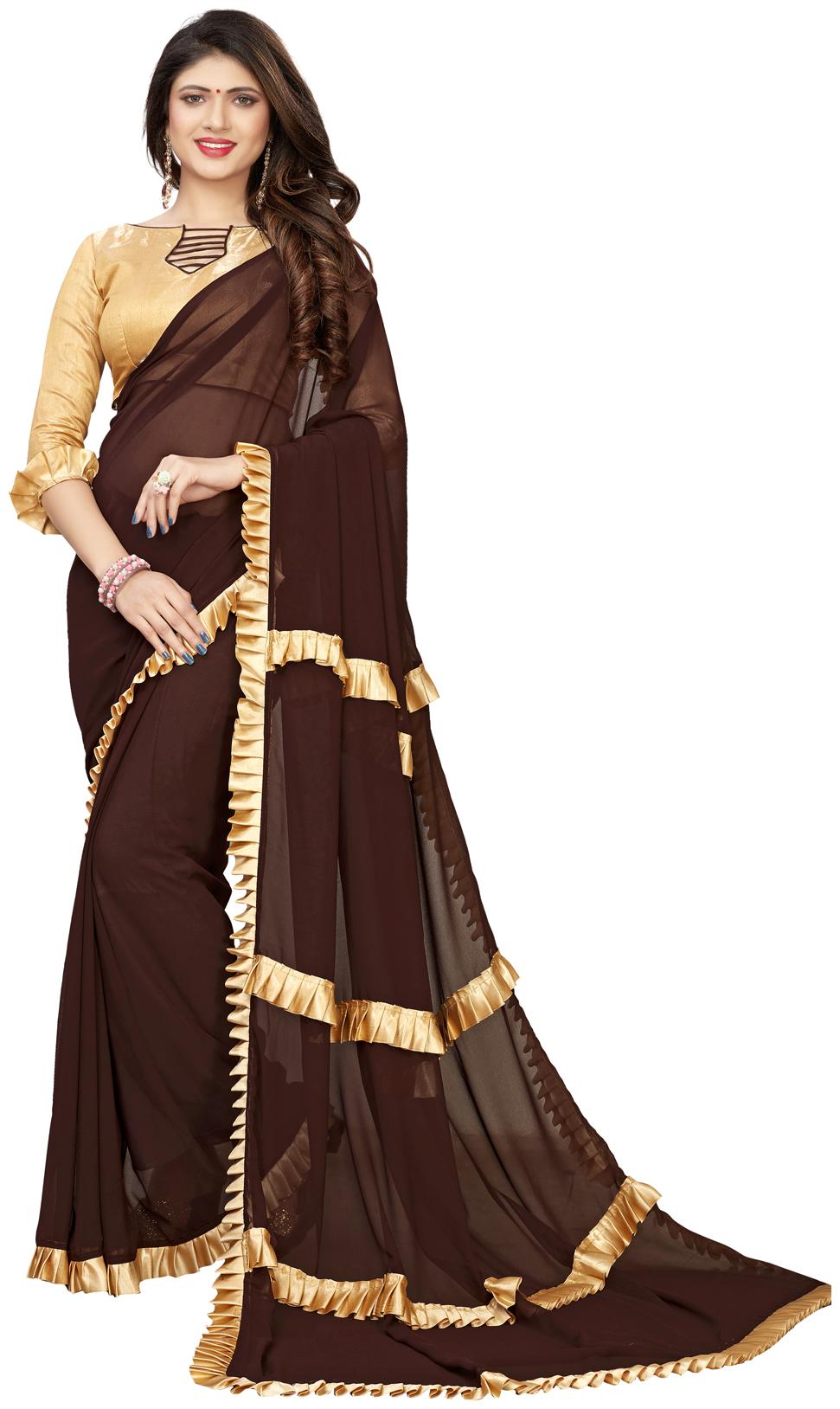 

Amrutam Fab Designer Plain With lace Brown Georgette Saree