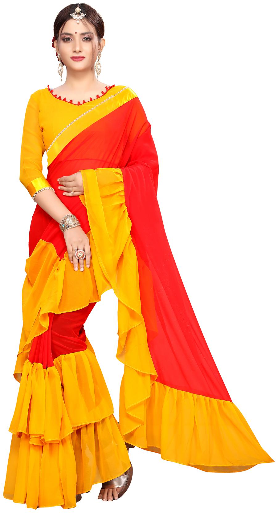 

Amrutam Fab Designer Ruffle With moti lace Red Georgette Saree
