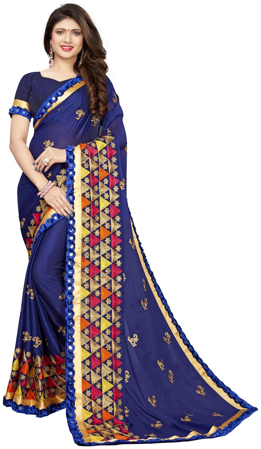 

Amrutam Fab Designer Embroidered With mirror lace Blue Silk Saree