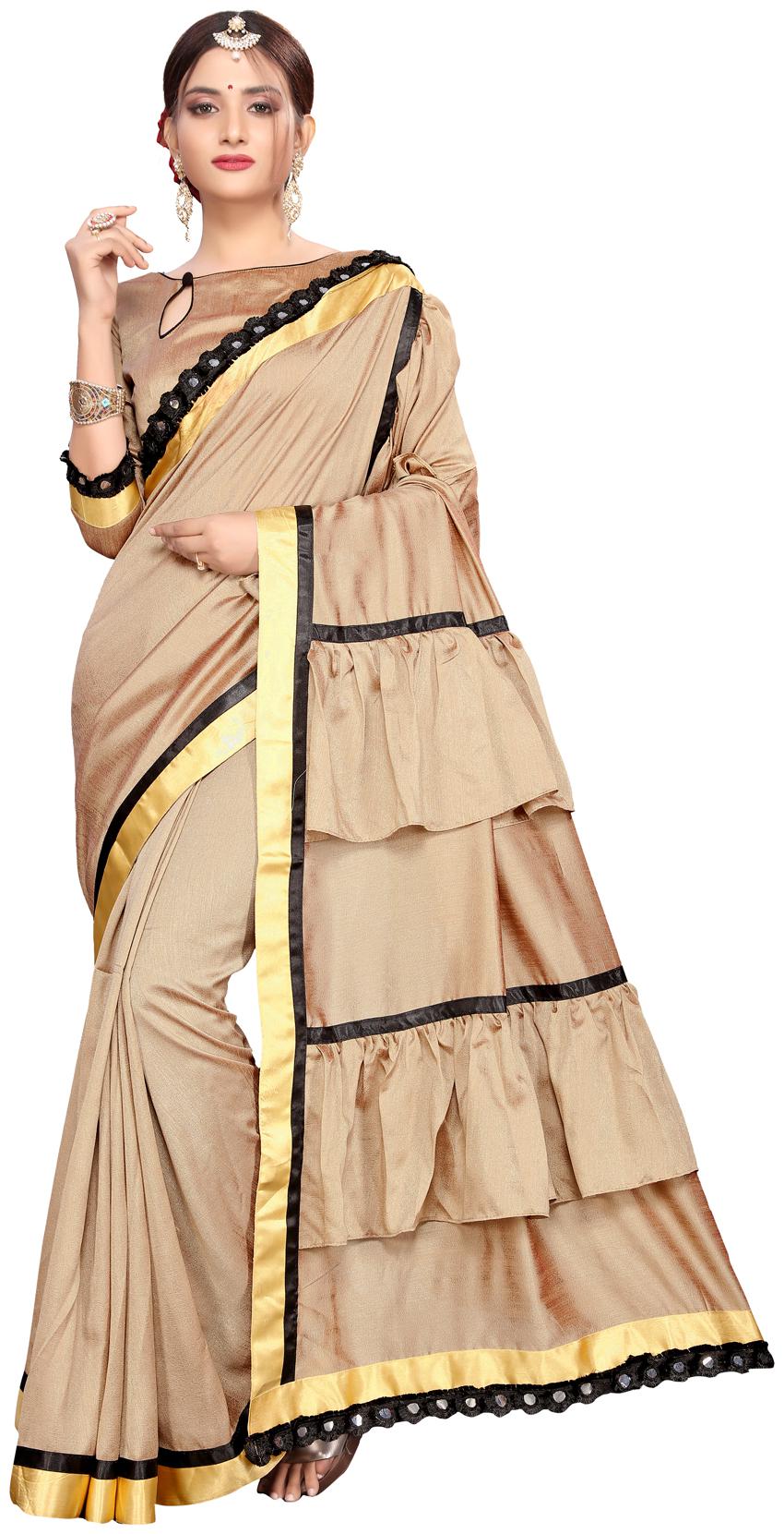 

Amrutam Fab Designer Ruffle With Mirror lace Beige Silk Saree