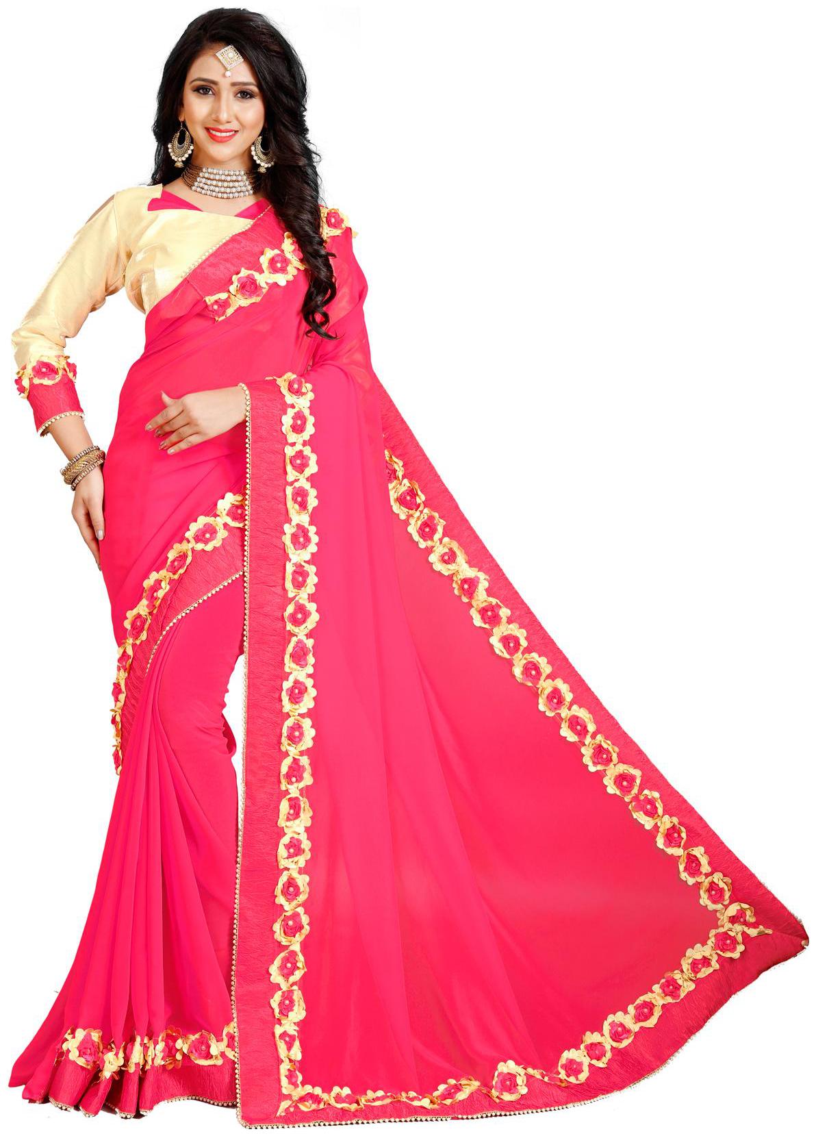 

Amrutam Fab Pink Georgette Designer Saree