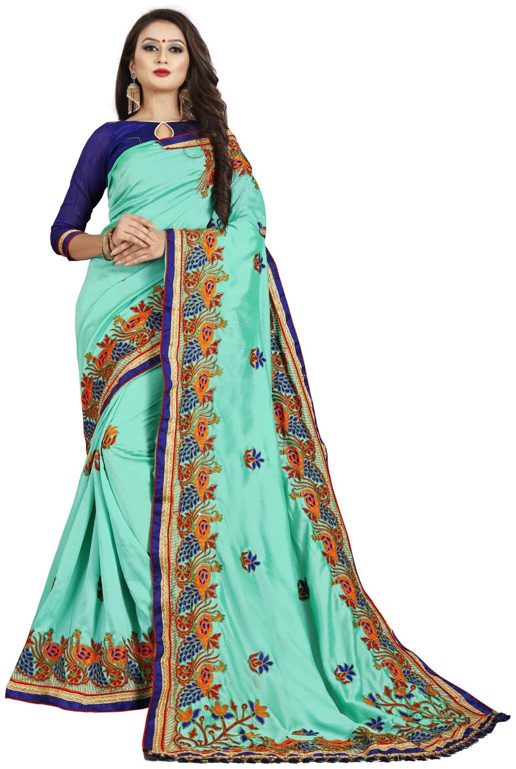 

Amrutam Fab Designer Embroidered Turquise Silk Saree