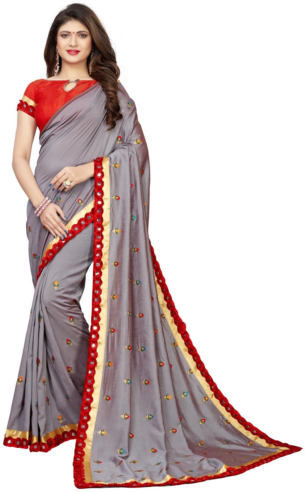 

Amrutam Fab Designer Embroidered With mirror lace Grey Silk Saree