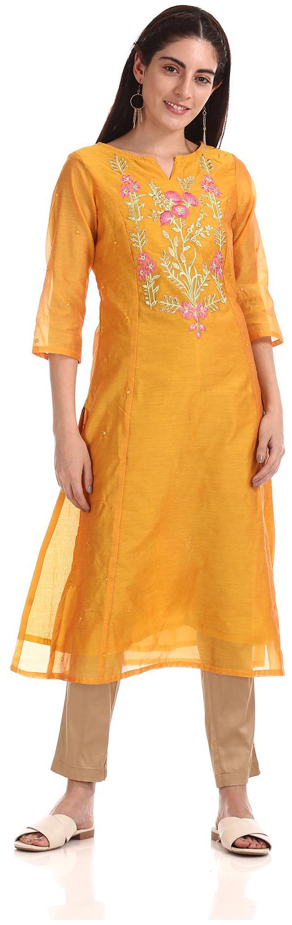 

Anahi Women Yellow Embroidered Straight Kurta