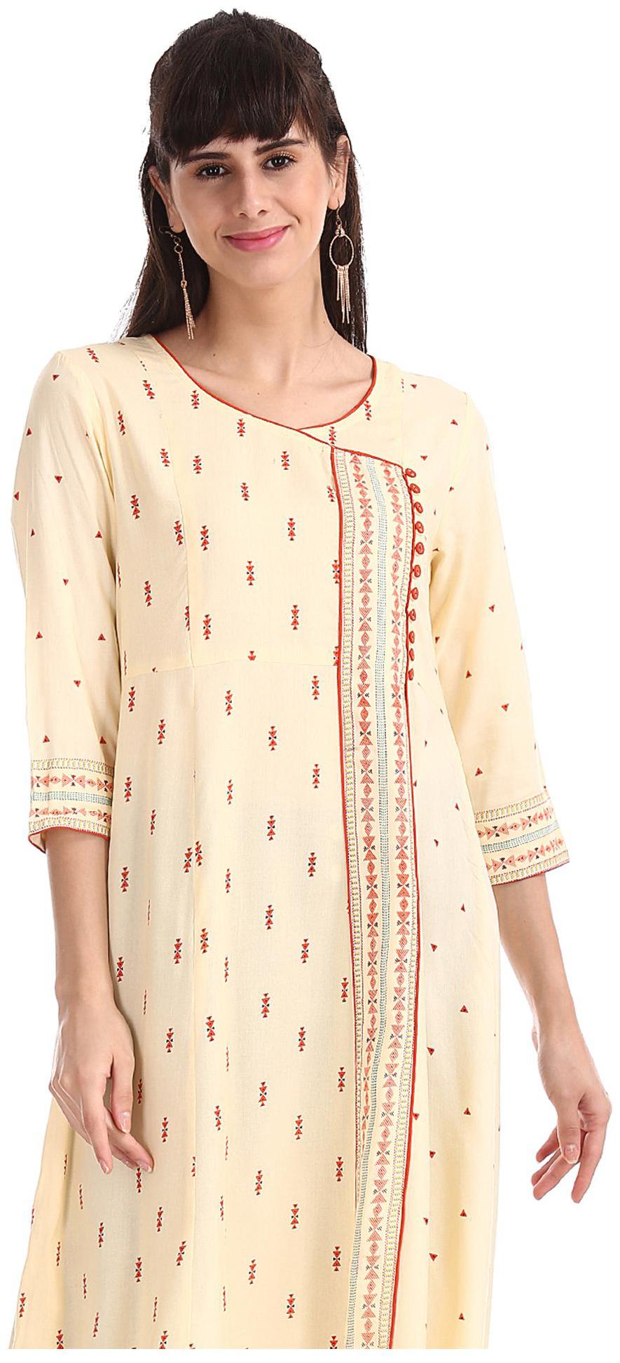 

Anahi Women Beige Printed Angrakha Kurta