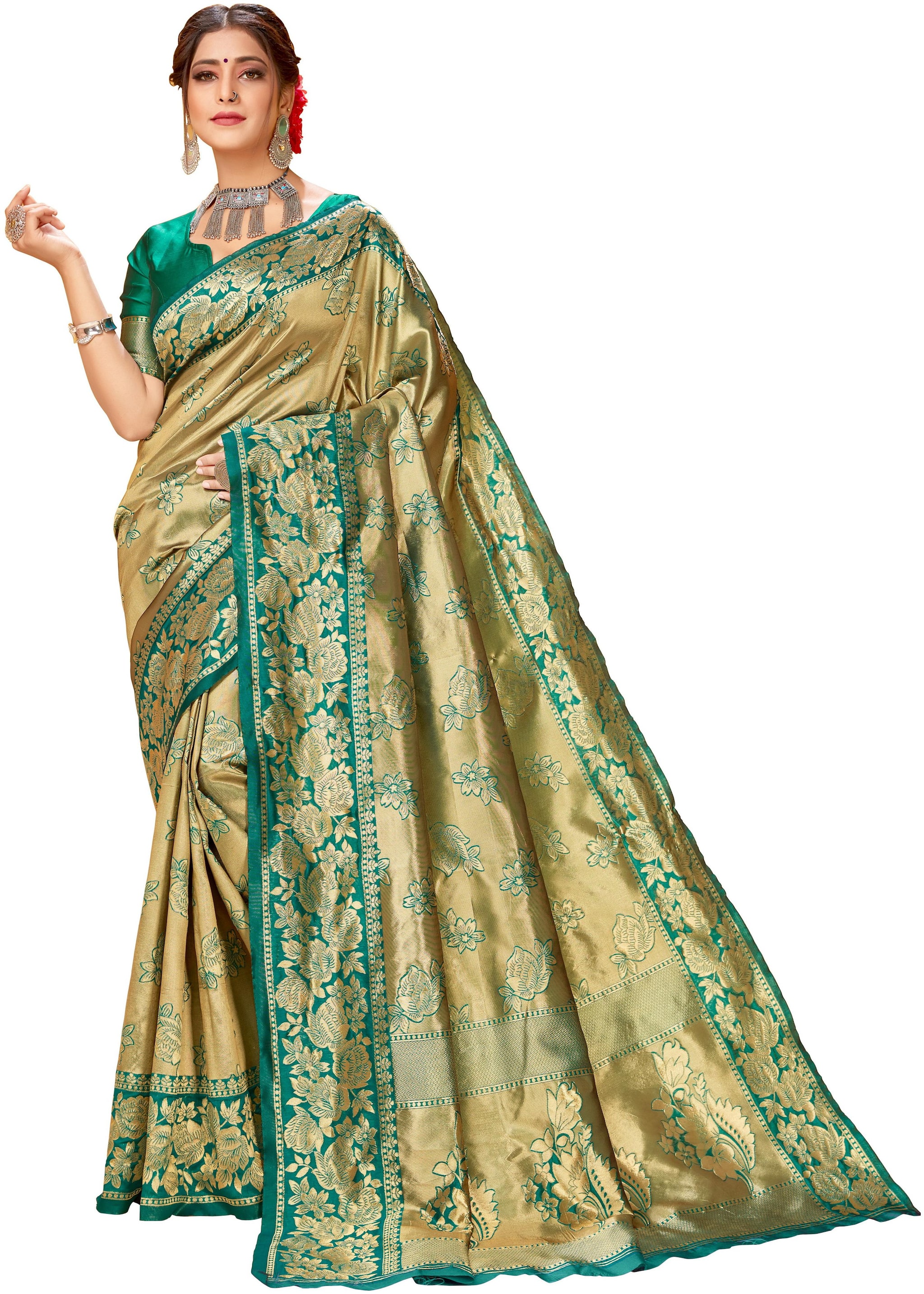 

Anaita Woven Green Beige Silk Saree For Women