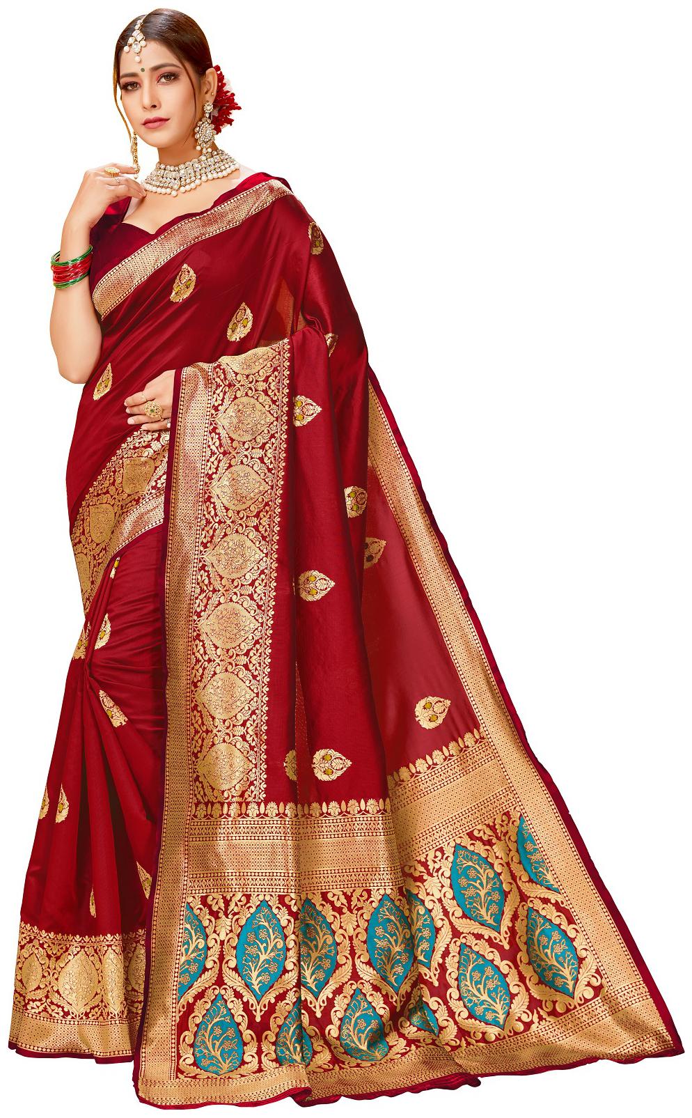 

Anaita Red Color Woven Work Cotton Silk Floral Banarasi Saree With Blouse Piece