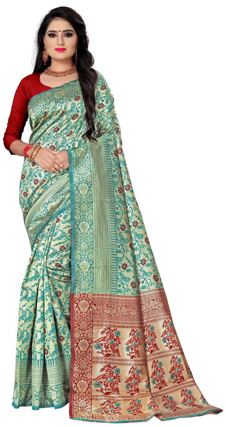 

Anaita Women Woven Poly silk Wedding Festive Saree With Jacquard Work Blouse Piece (Blue)