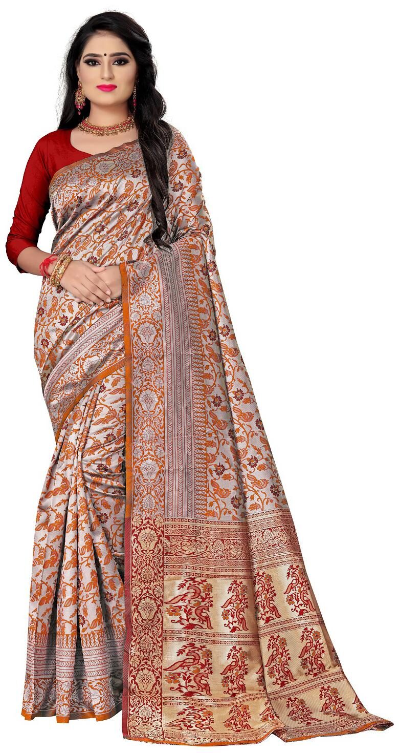 

Anaita Women Woven Poly silk Wedding Festive Saree With Jacquard Work Blouse Piece (Orange)