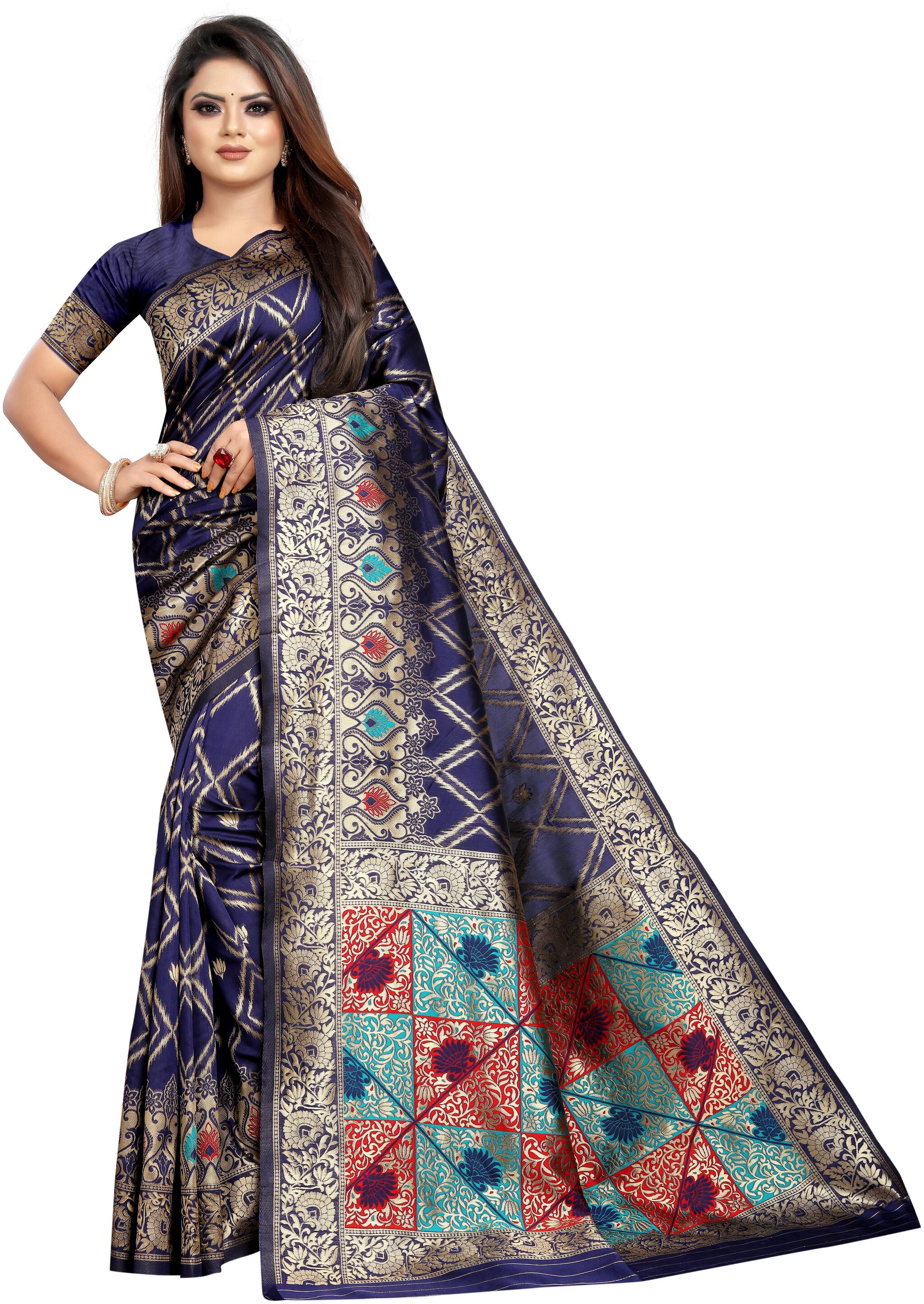 

Anaita Women Woven Party Wear Jacquard Banarasi Saree With Blouse Piece (Blue)