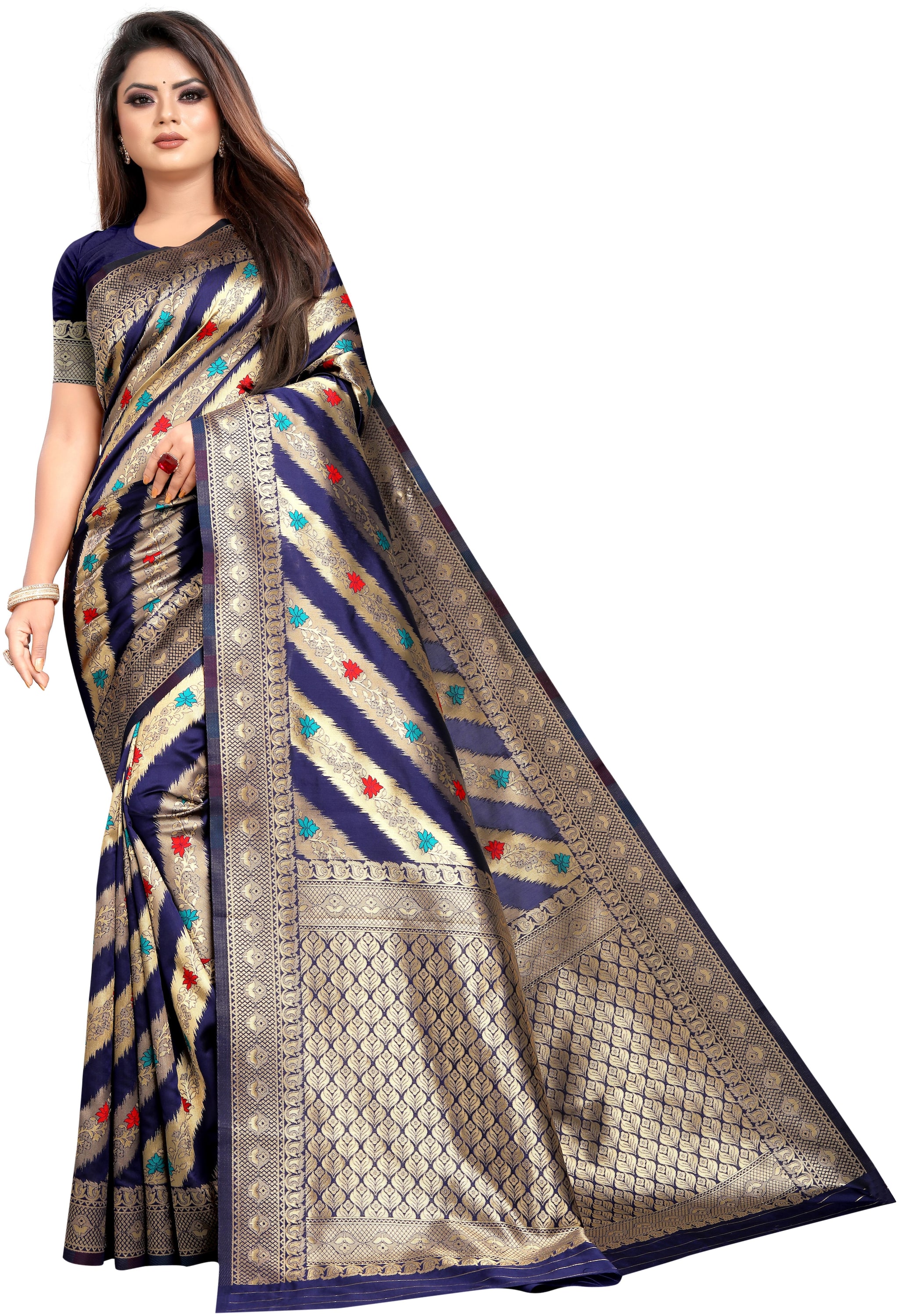 

Anaita Women Woven Party Wear Jacquard Banarasi Saree With Blouse Piece (Blue)