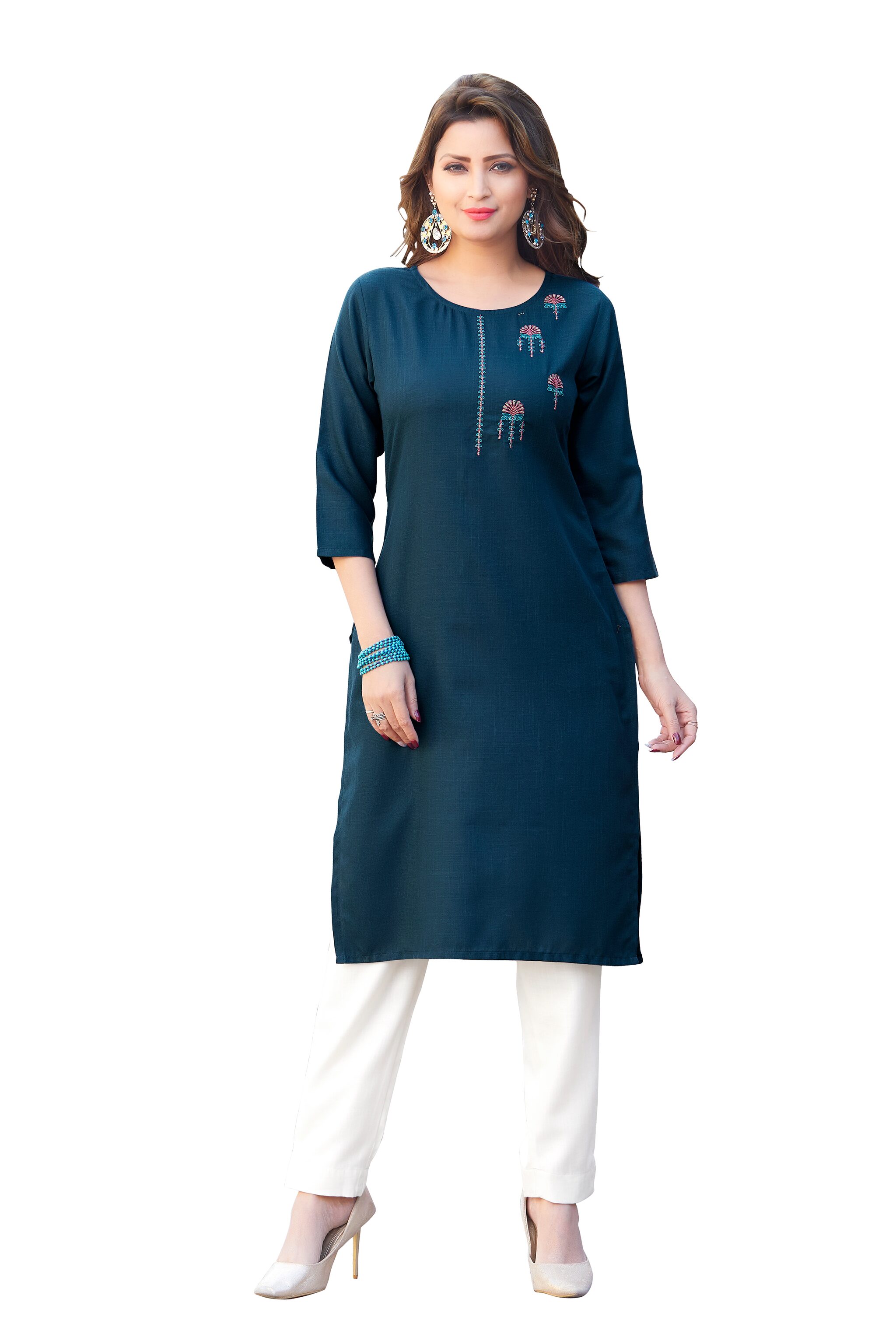 

Anaita Women Navy Blue Embroidered Straight Kurti