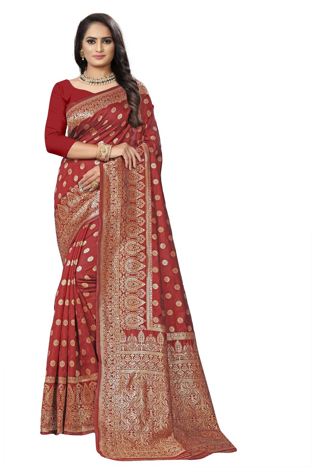 

Anaita Women Woven Poly silk Wedding Festive Saree With Jacquard Work Blouse Piece (Maroon)