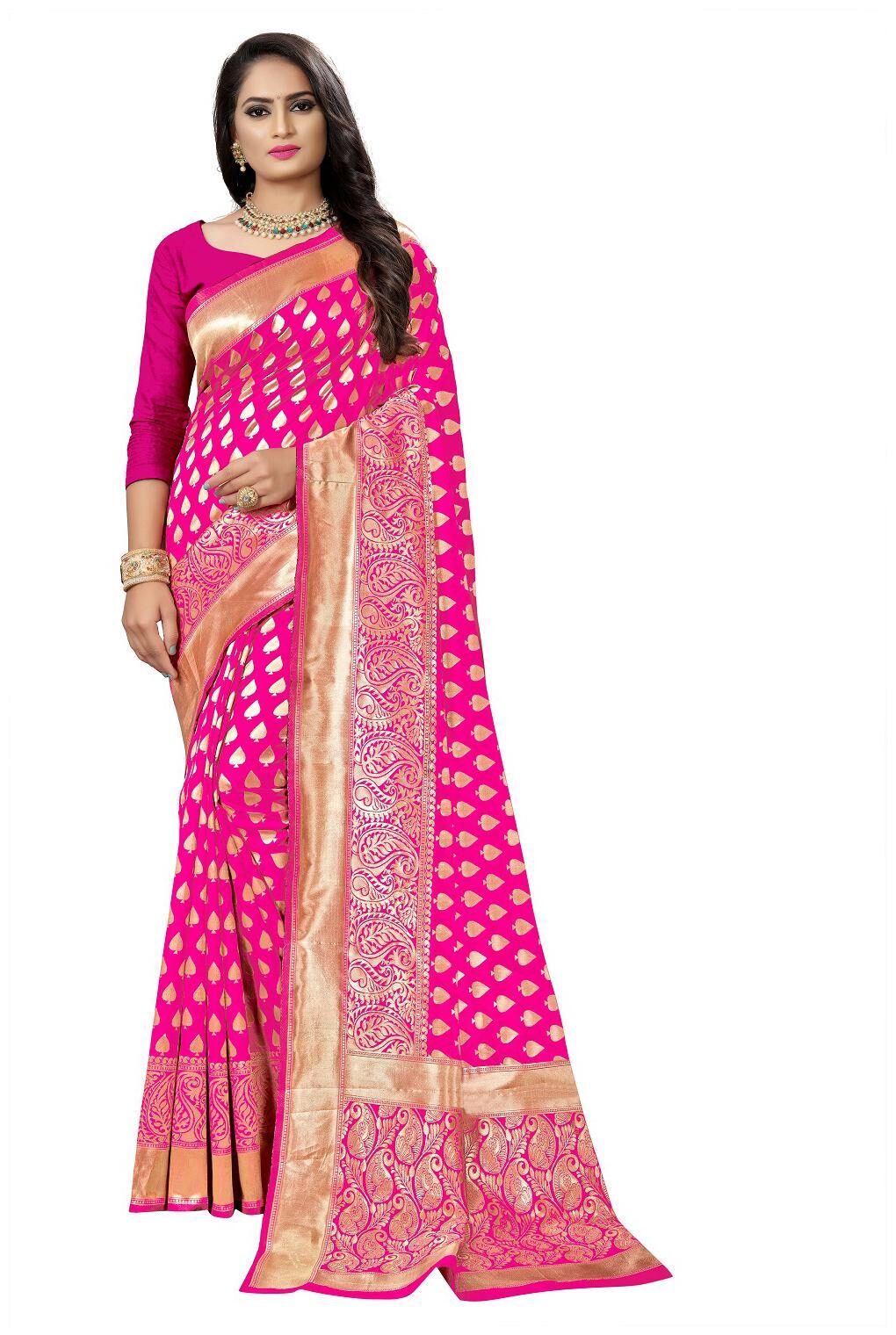 

Anaita Women Woven Poly silk Wedding Festive Saree With Jacquard Work Blouse Piece (Pink)