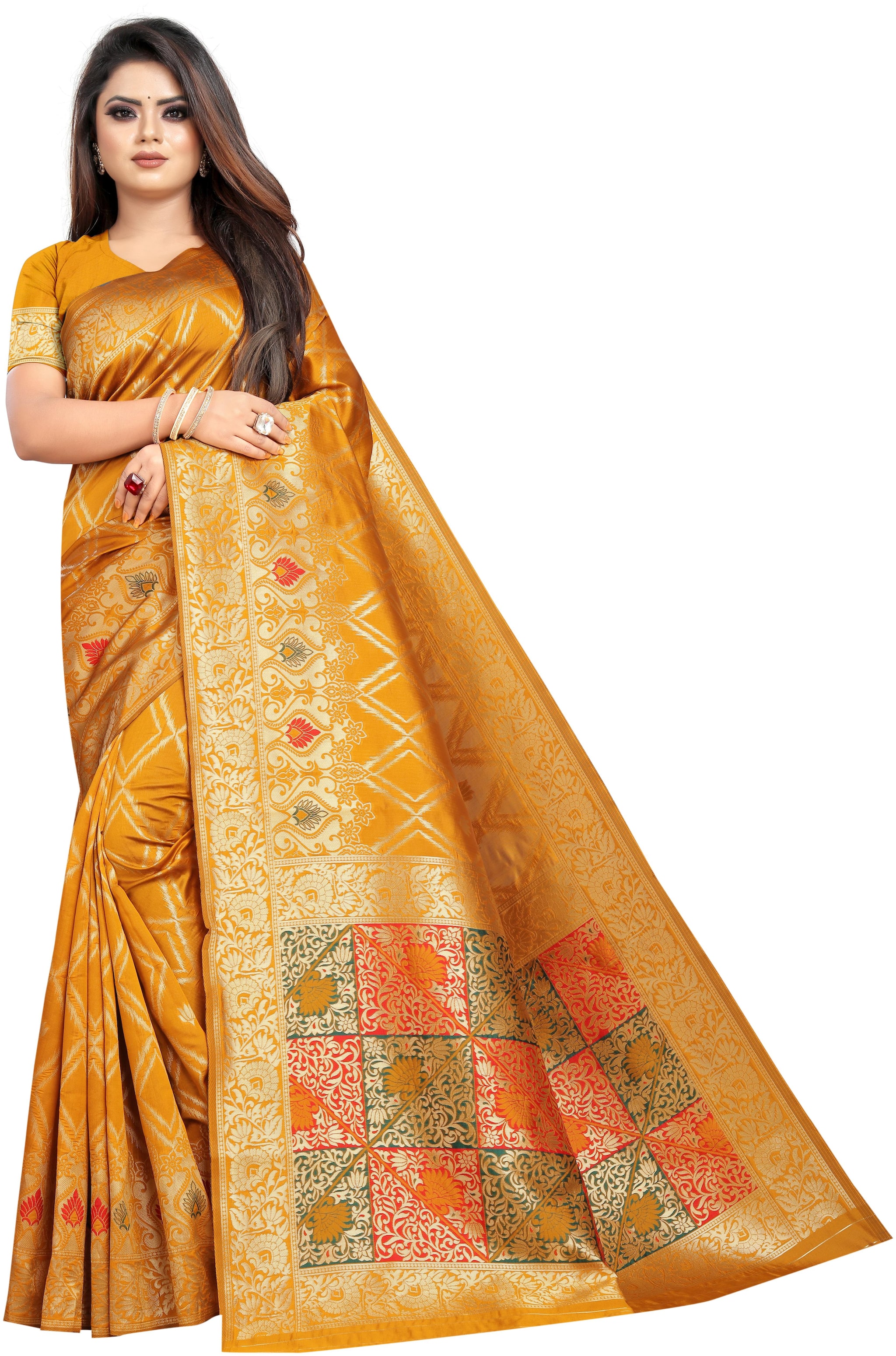 

Anaita Women Woven Party Wear Jacquard Banarasi Saree With Blouse Piece (Yellow)