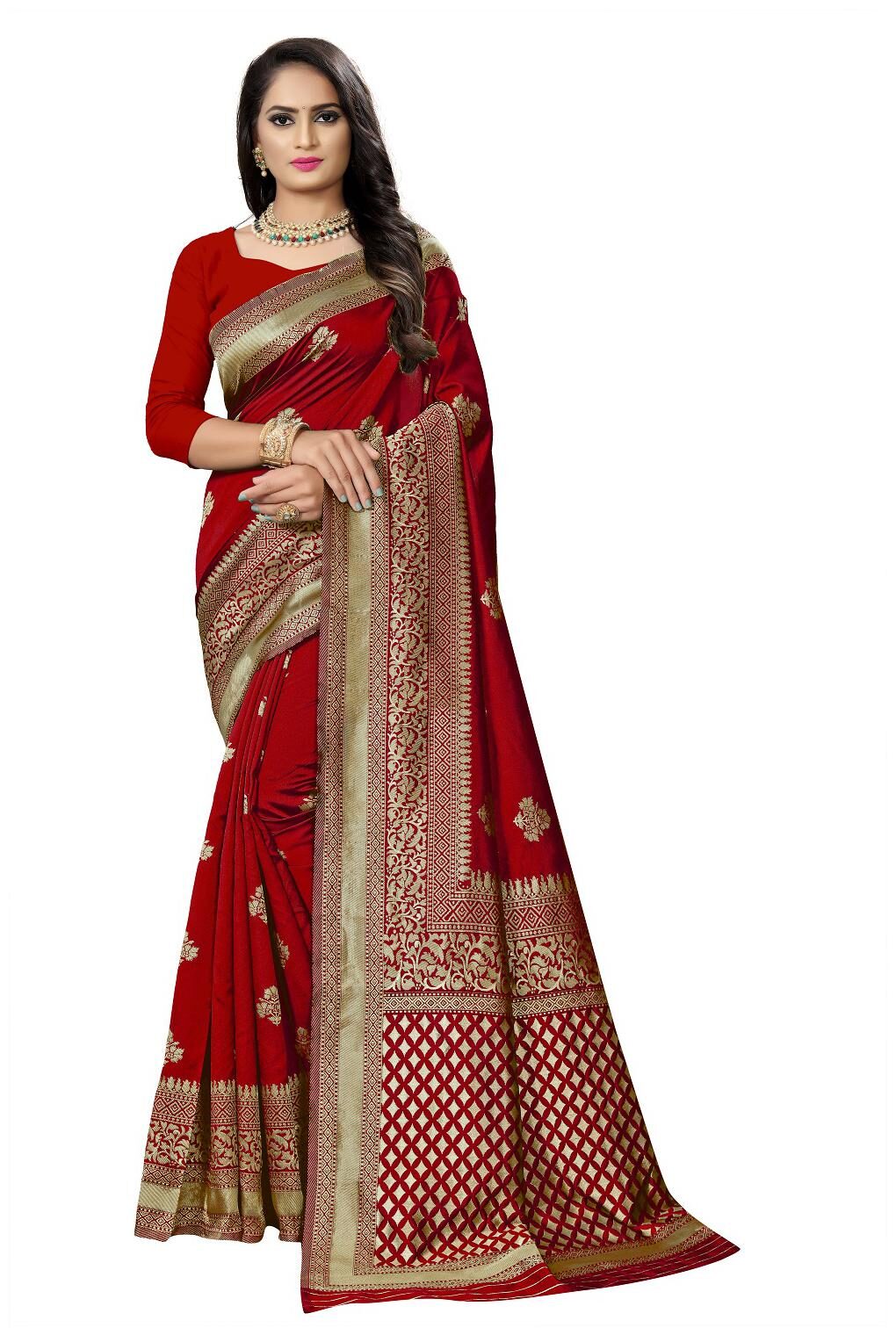 

Anaita Women Woven Poly silk Wedding Festive Saree With Jacquard Work Blouse Piece (Maroon)