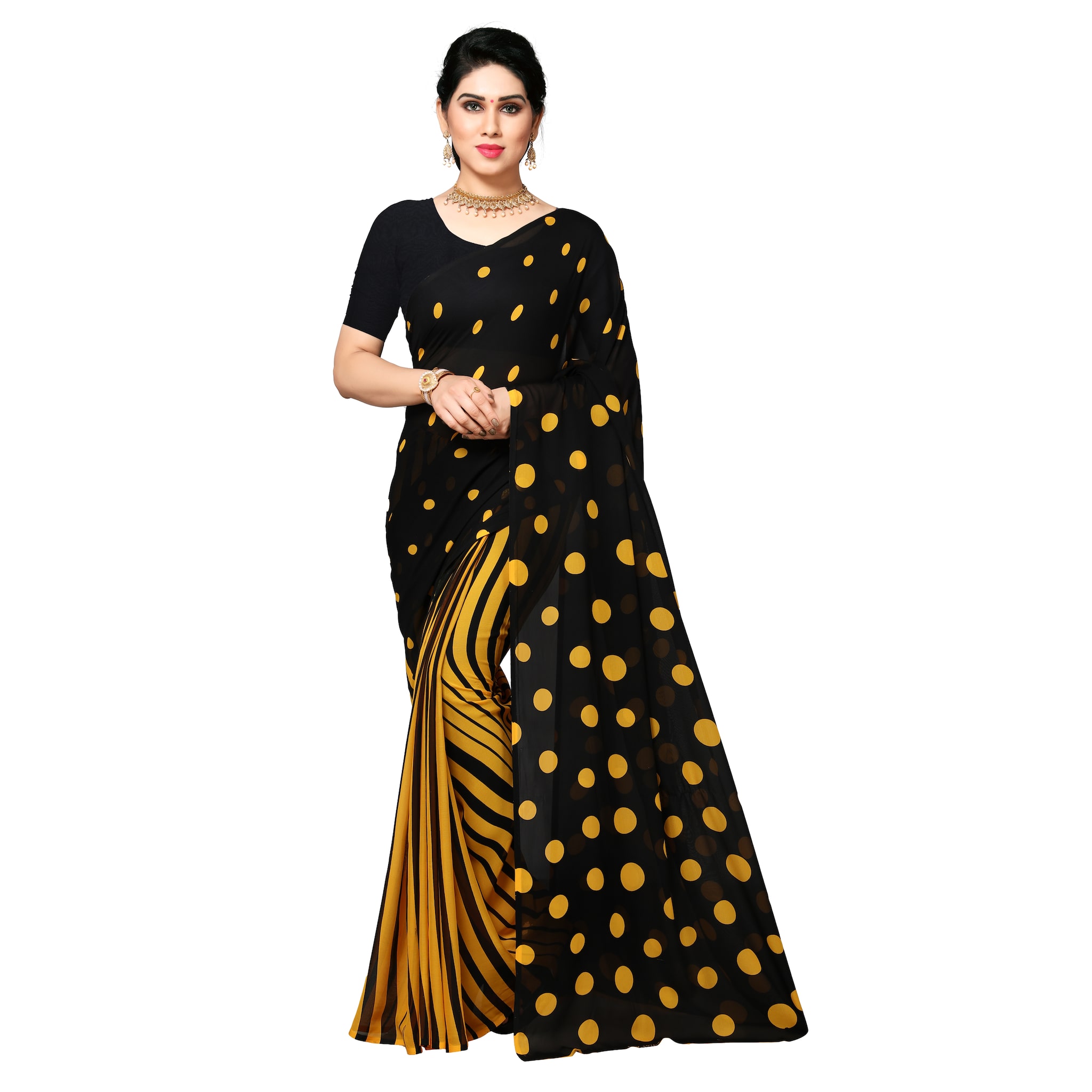 

Anand Sarees Faux Georgette Polka Dots Yellow Regular Saree For Women
