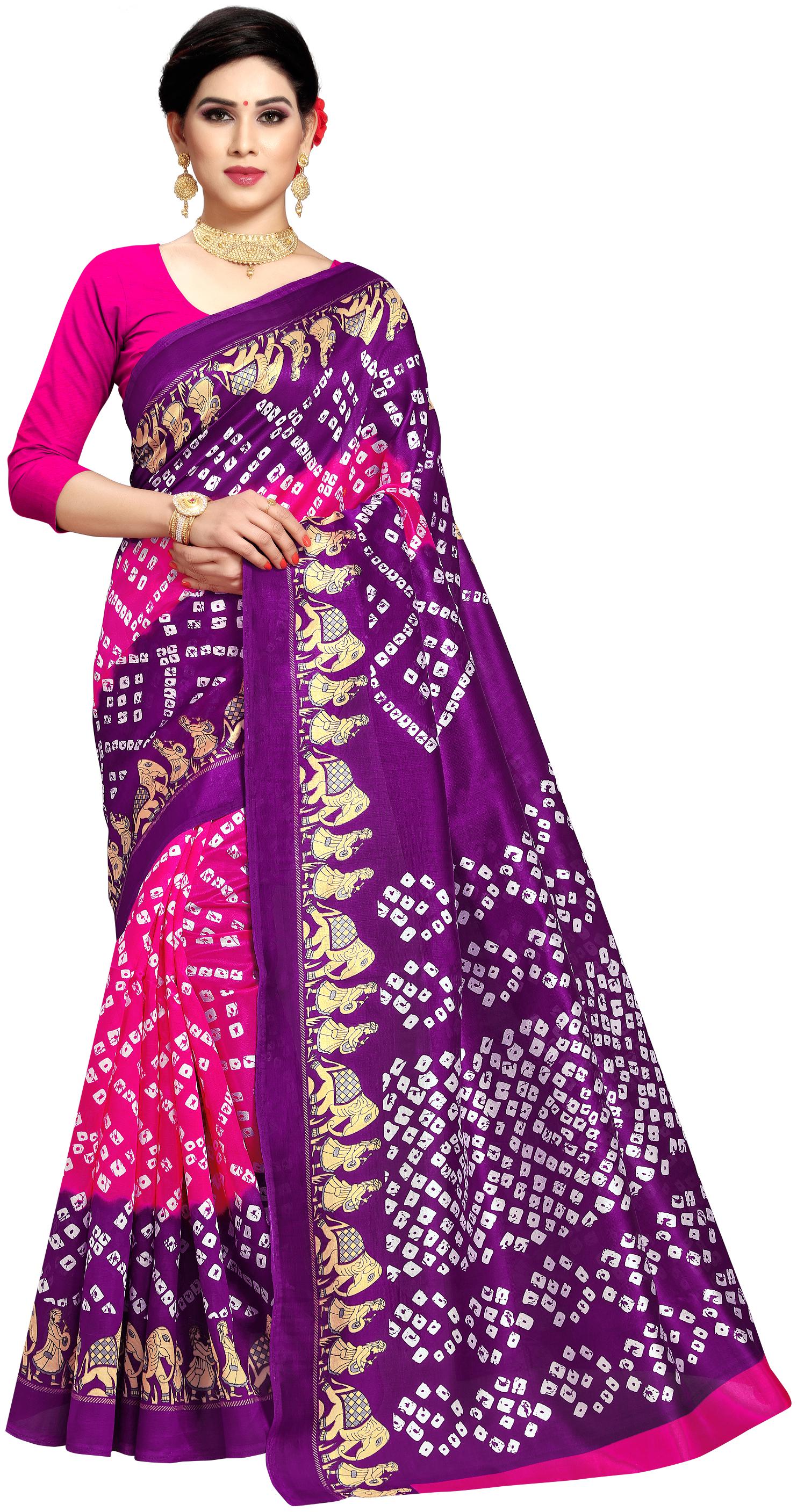 

Anand Sarees Silk Bandhani Print Regular Saree With Blouse For Women Color Pink Purple