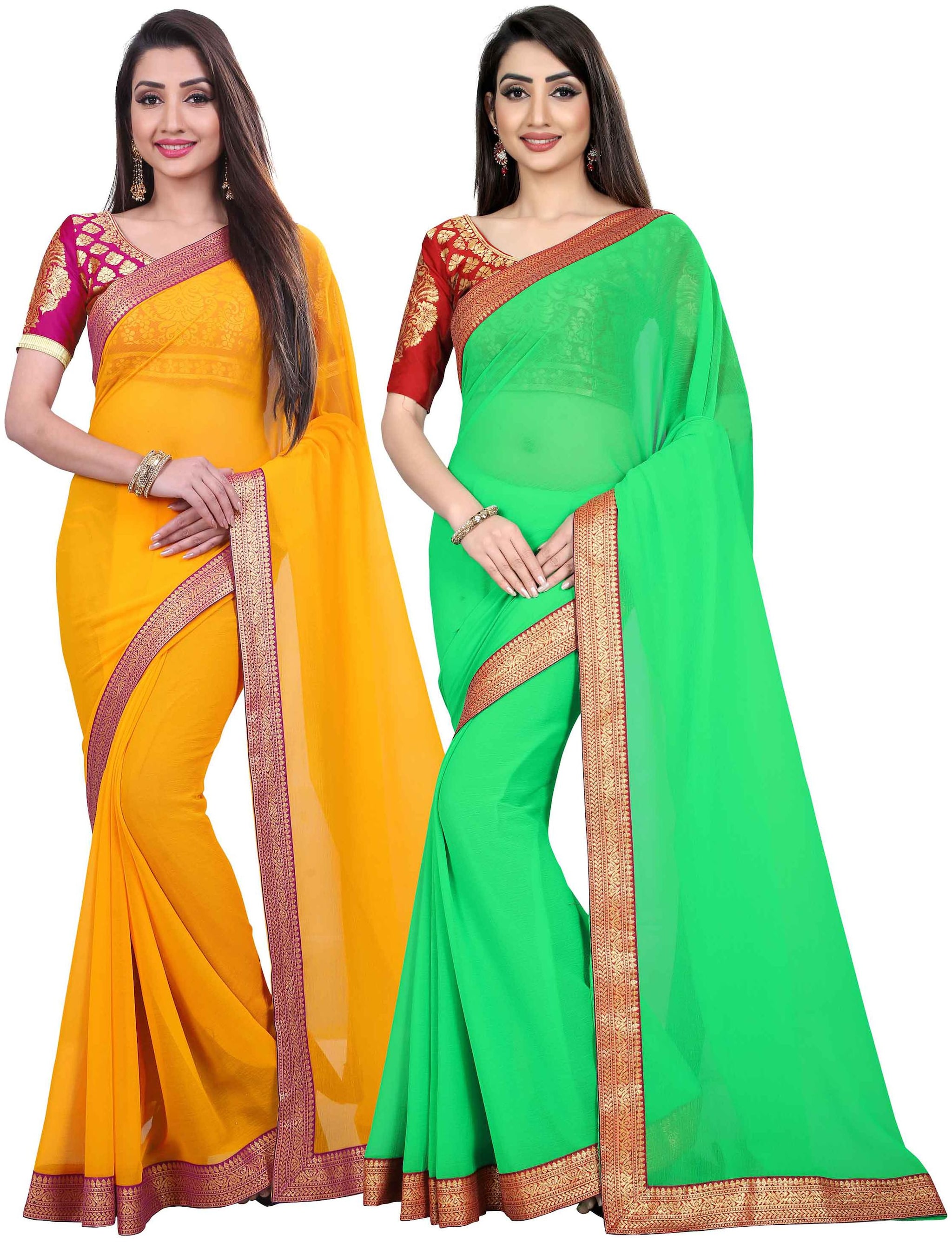 

Anand Sarees Women Chiffon sarees Yellow Green