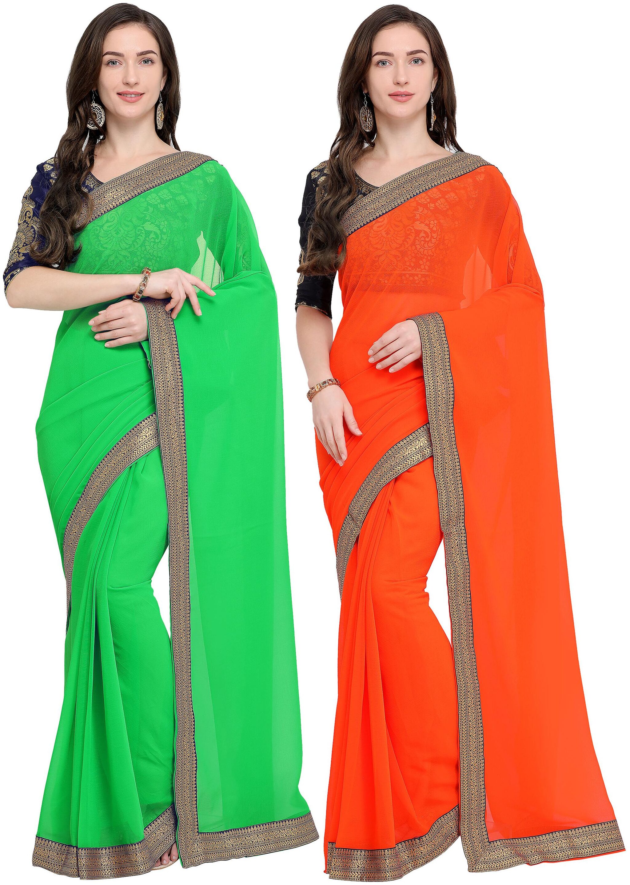 

Anand Sarees Women Chiffon sarees Orange Green