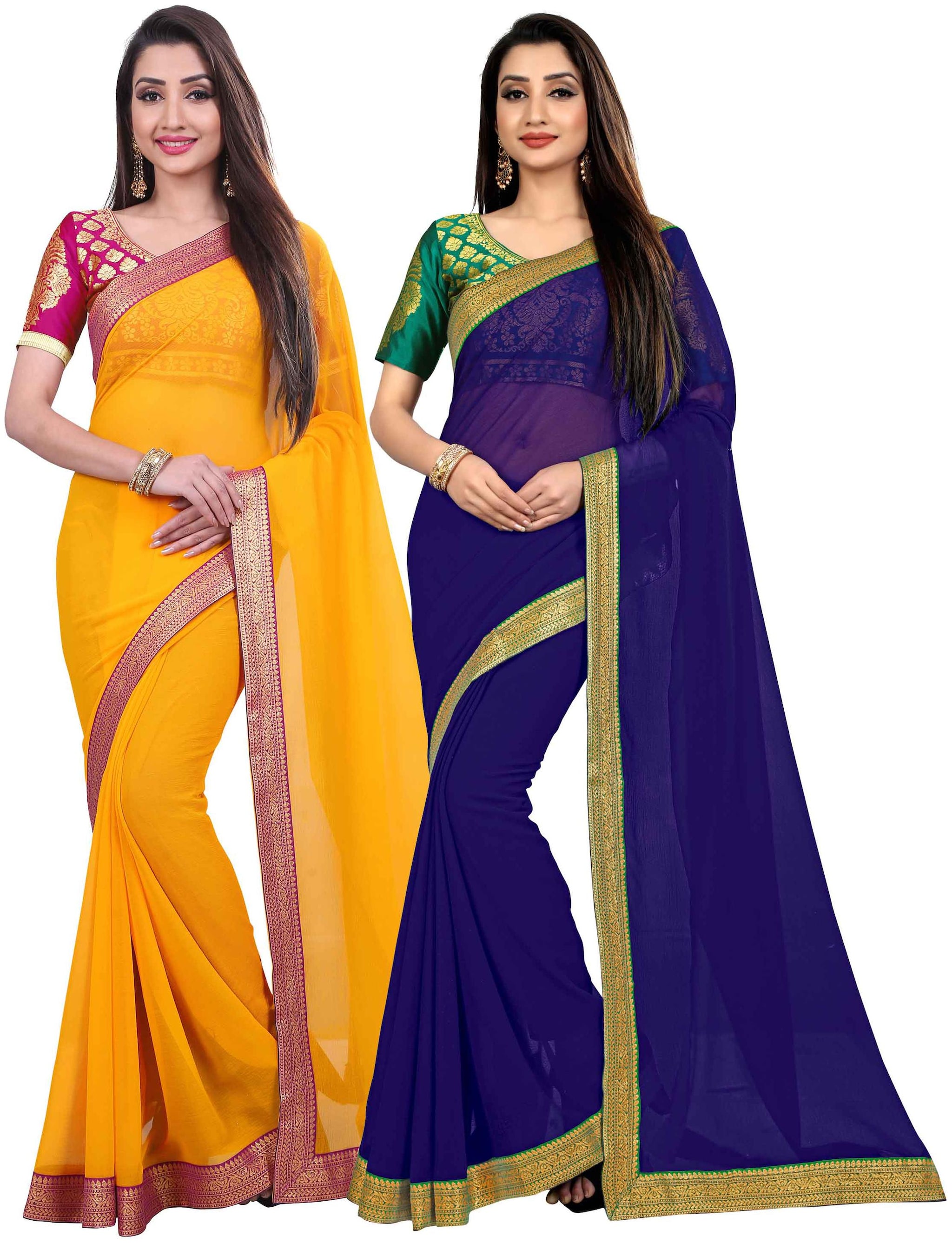 

Anand Sarees Women Chiffon sarees Yellow Blue