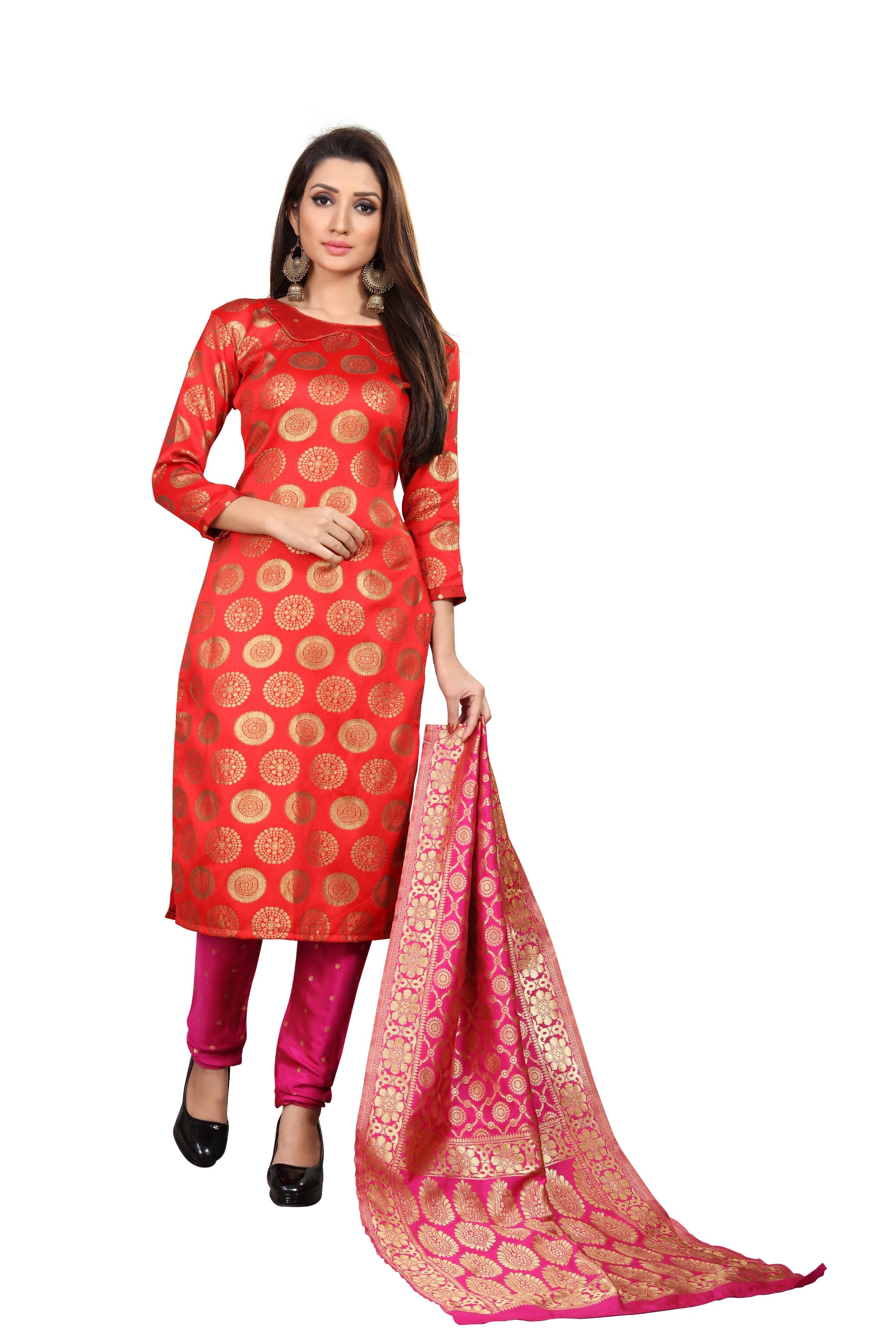 

Anand Sarees Red Unstitched Kurta with bottom dupatta With dupatta Dress Material