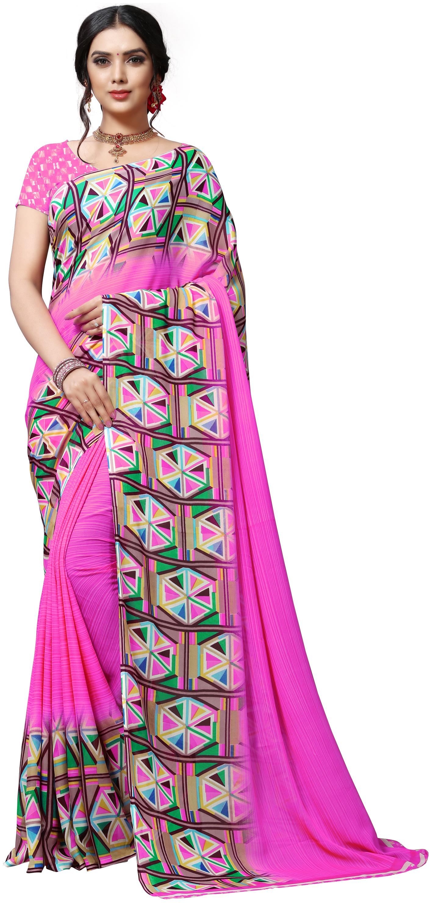 

Anand Sarees Pink Geometric Universal Regular Saree With Blouse With blouse