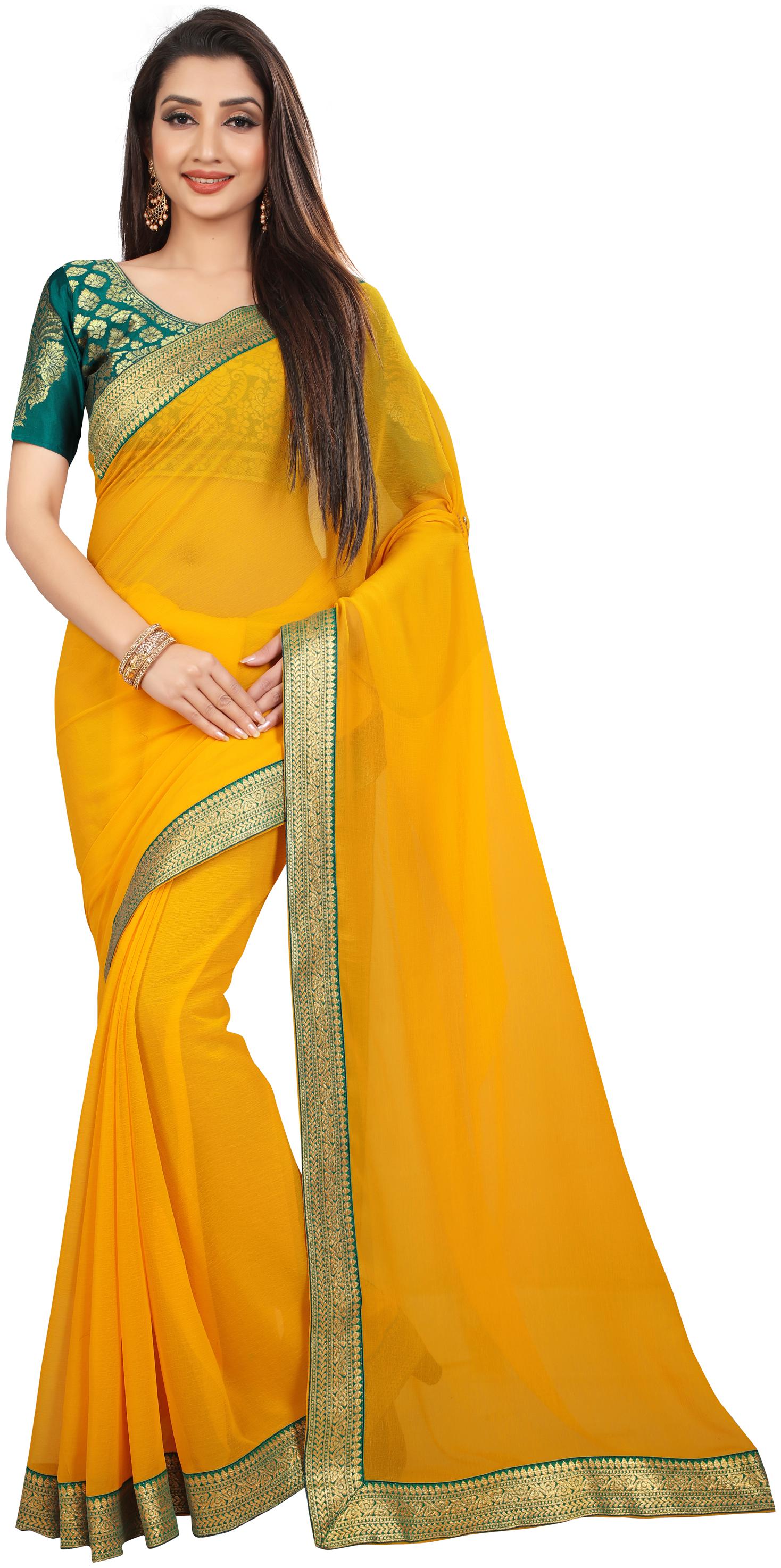 

Anand Sarees Yellow Solid Universal Designer Saree With Blouse With blouse